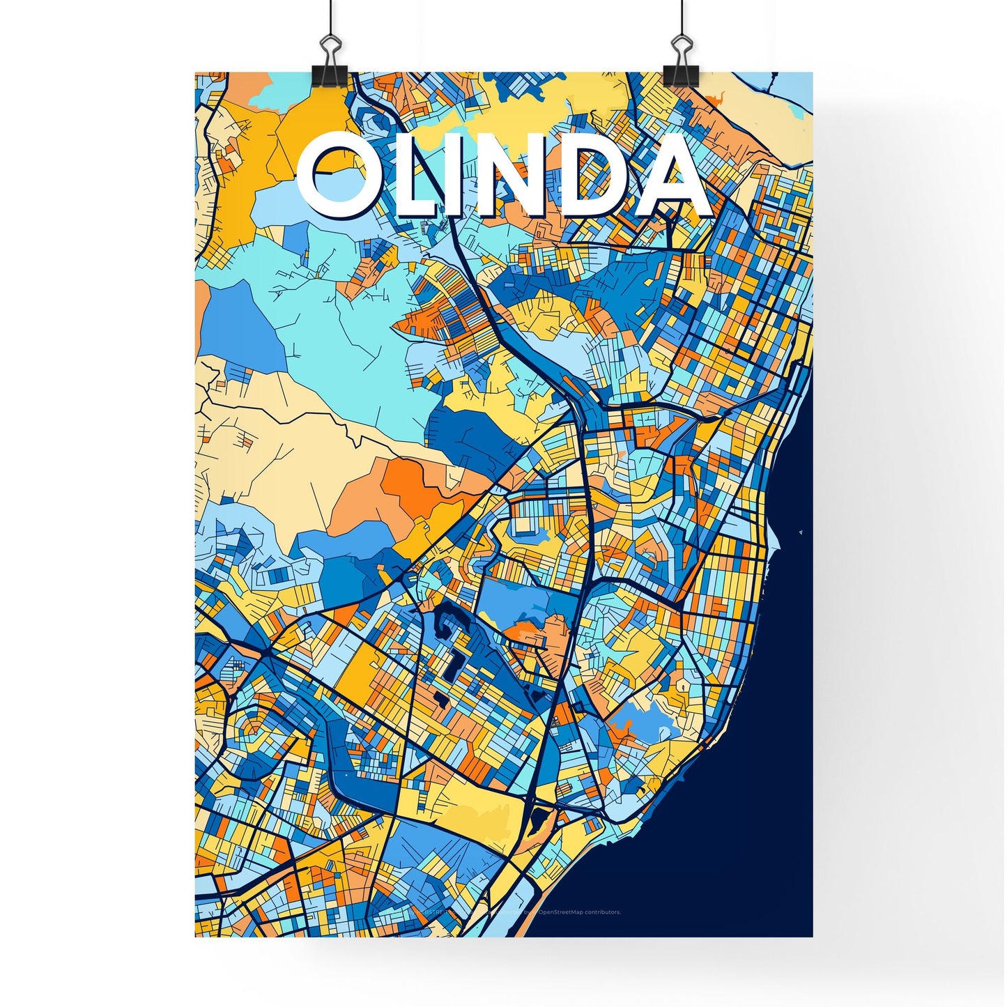 OLINDA BRAZIL Vibrant Colorful Art Map Poster Blue Orange