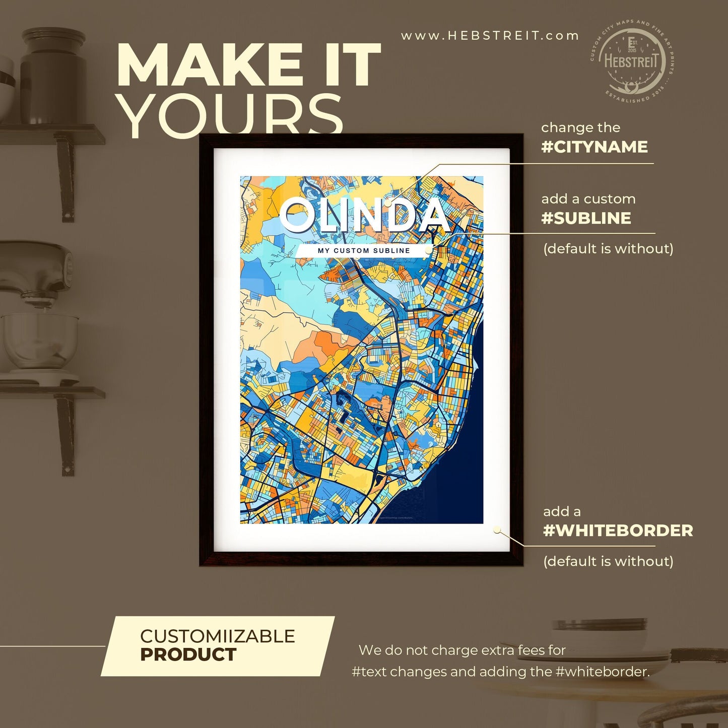 OLINDA BRAZIL Vibrant Colorful Art Map Poster Blue Orange