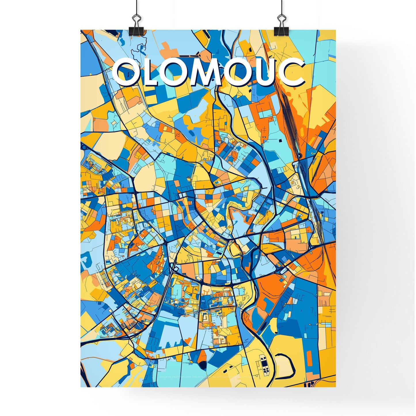 OLOMOUC CZECHIA Vibrant Colorful Art Map Poster Blue Orange