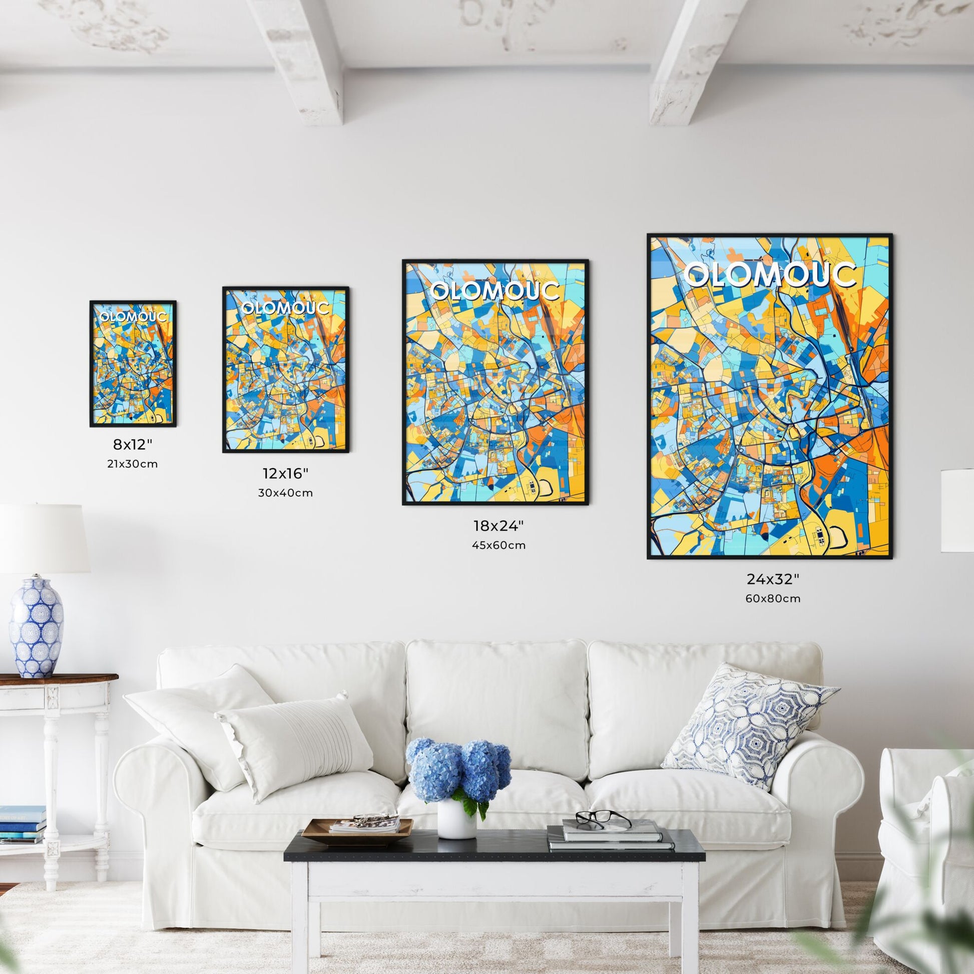 OLOMOUC CZECHIA Vibrant Colorful Art Map Poster Blue Orange