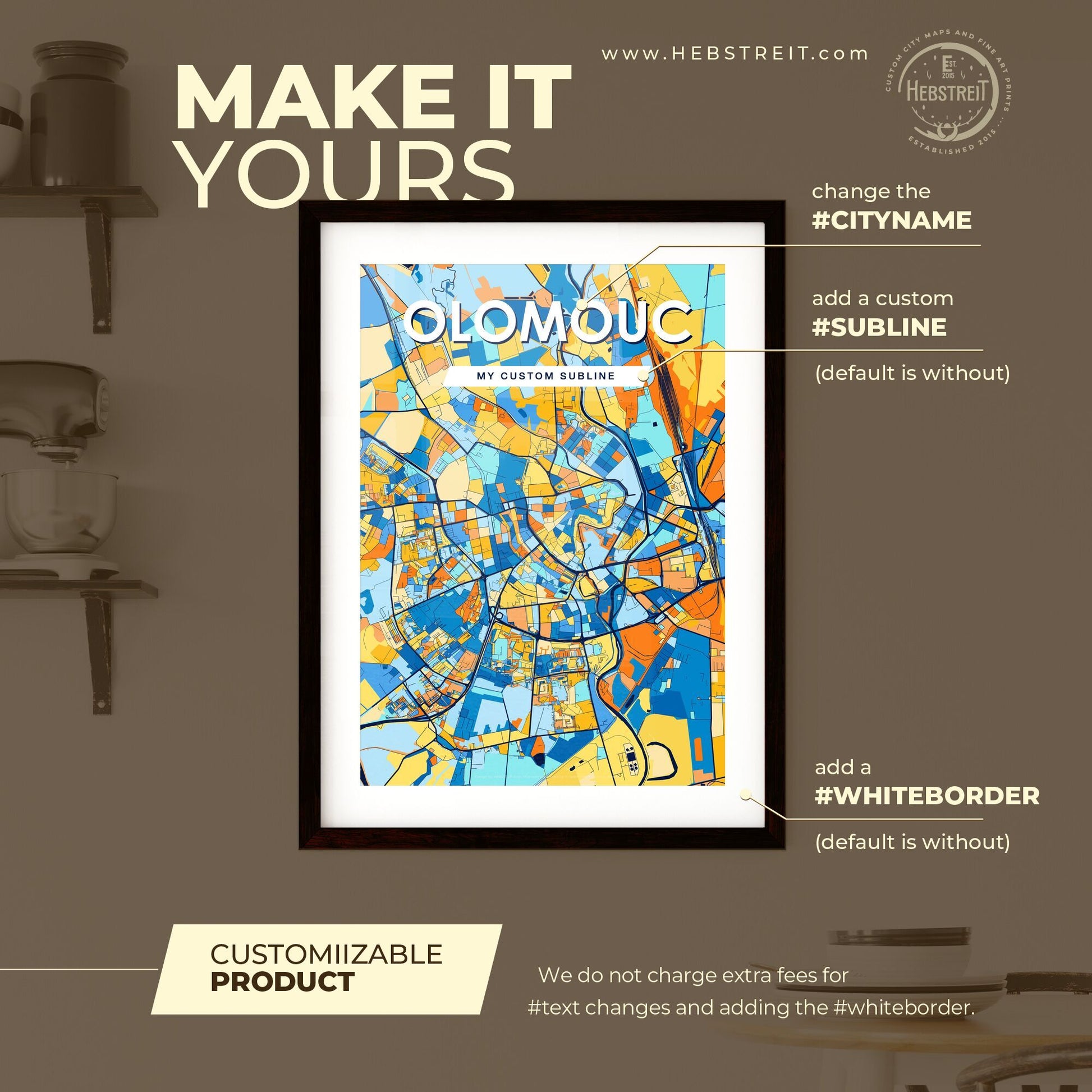 OLOMOUC CZECHIA Vibrant Colorful Art Map Poster Blue Orange