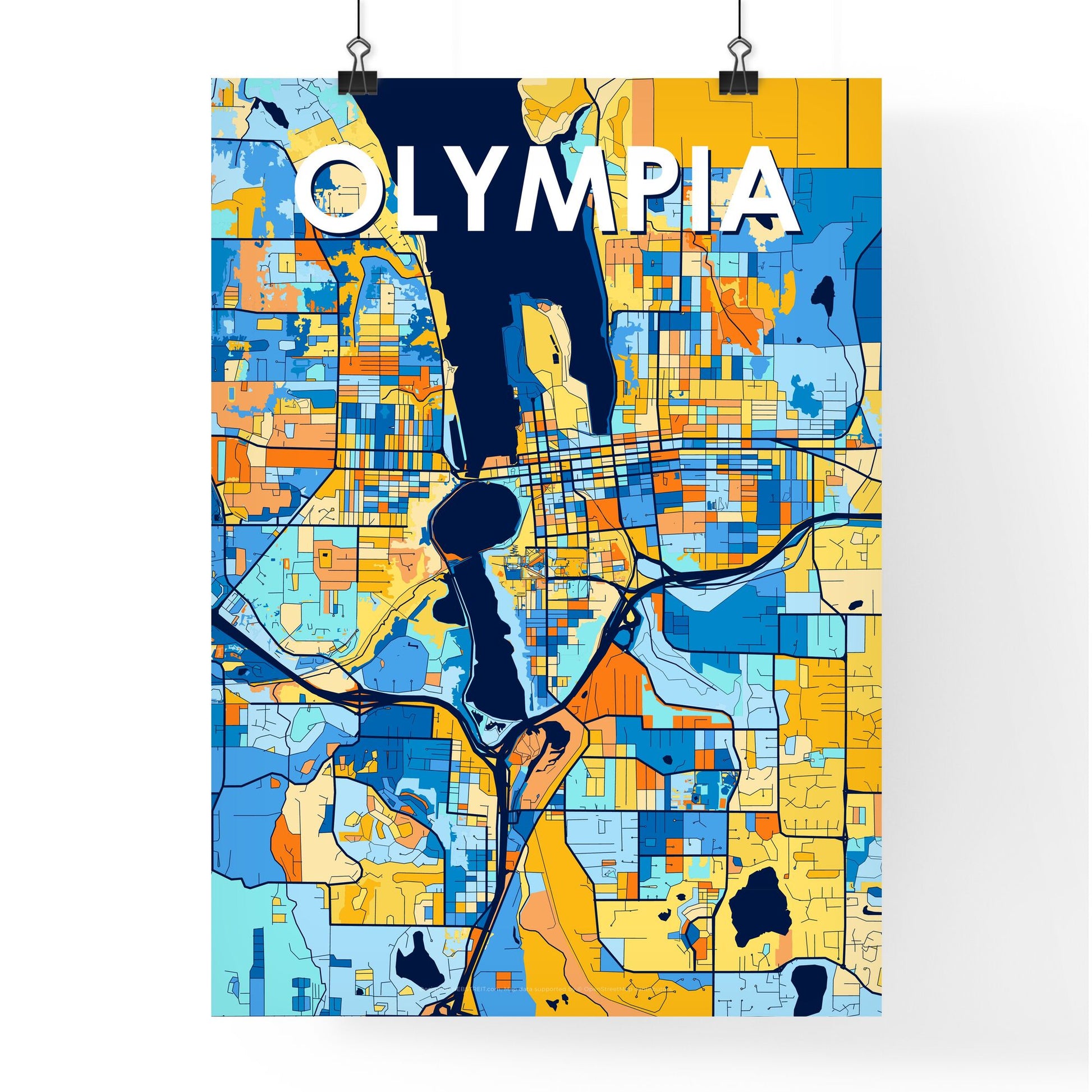 OLYMPIA WASHINGTON Vibrant Colorful Art Map Poster Blue Orange