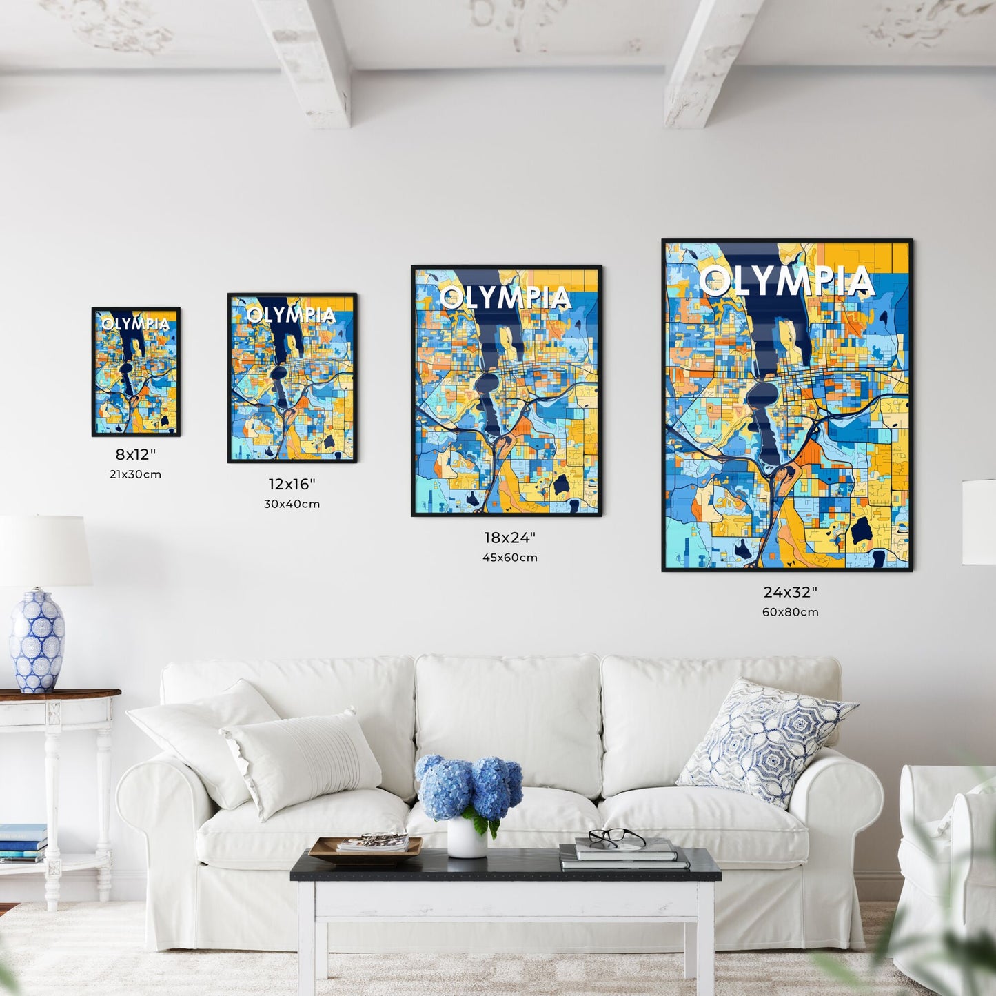 OLYMPIA WASHINGTON Vibrant Colorful Art Map Poster Blue Orange