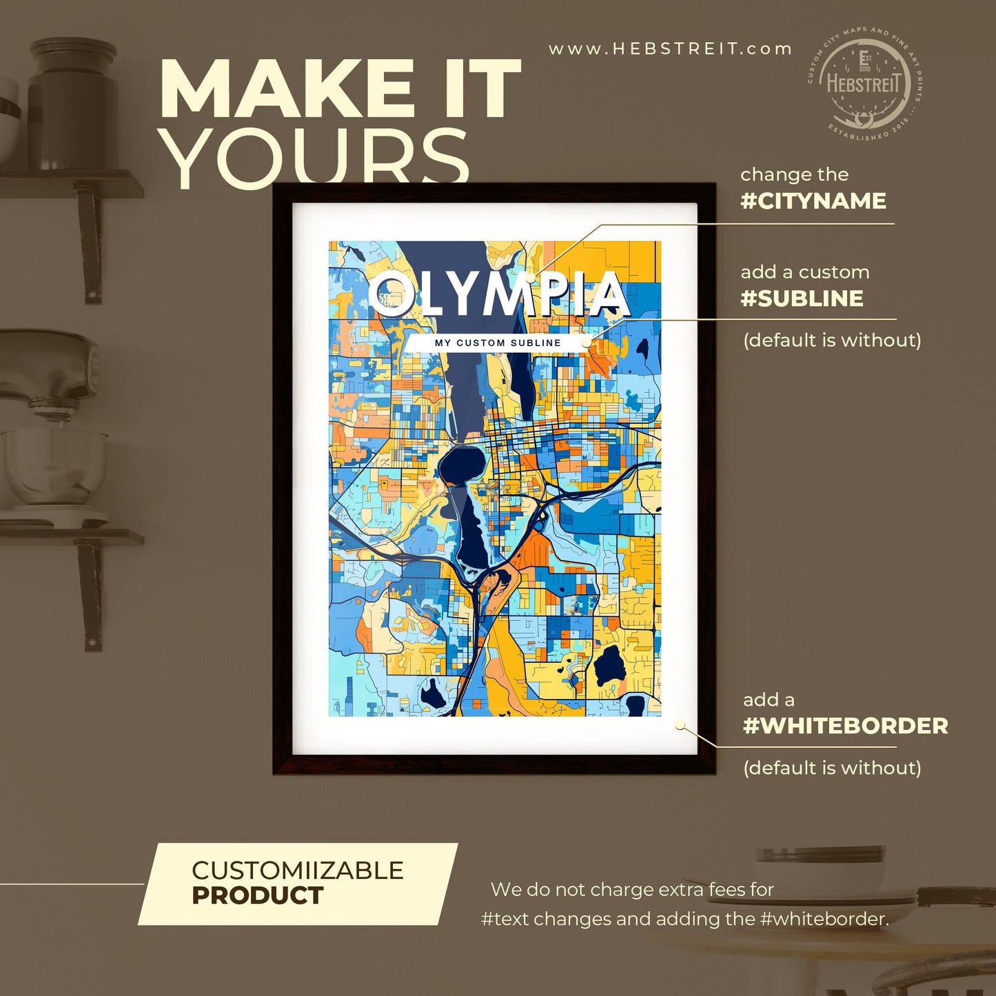 OLYMPIA WASHINGTON Vibrant Colorful Art Map Poster Blue Orange
