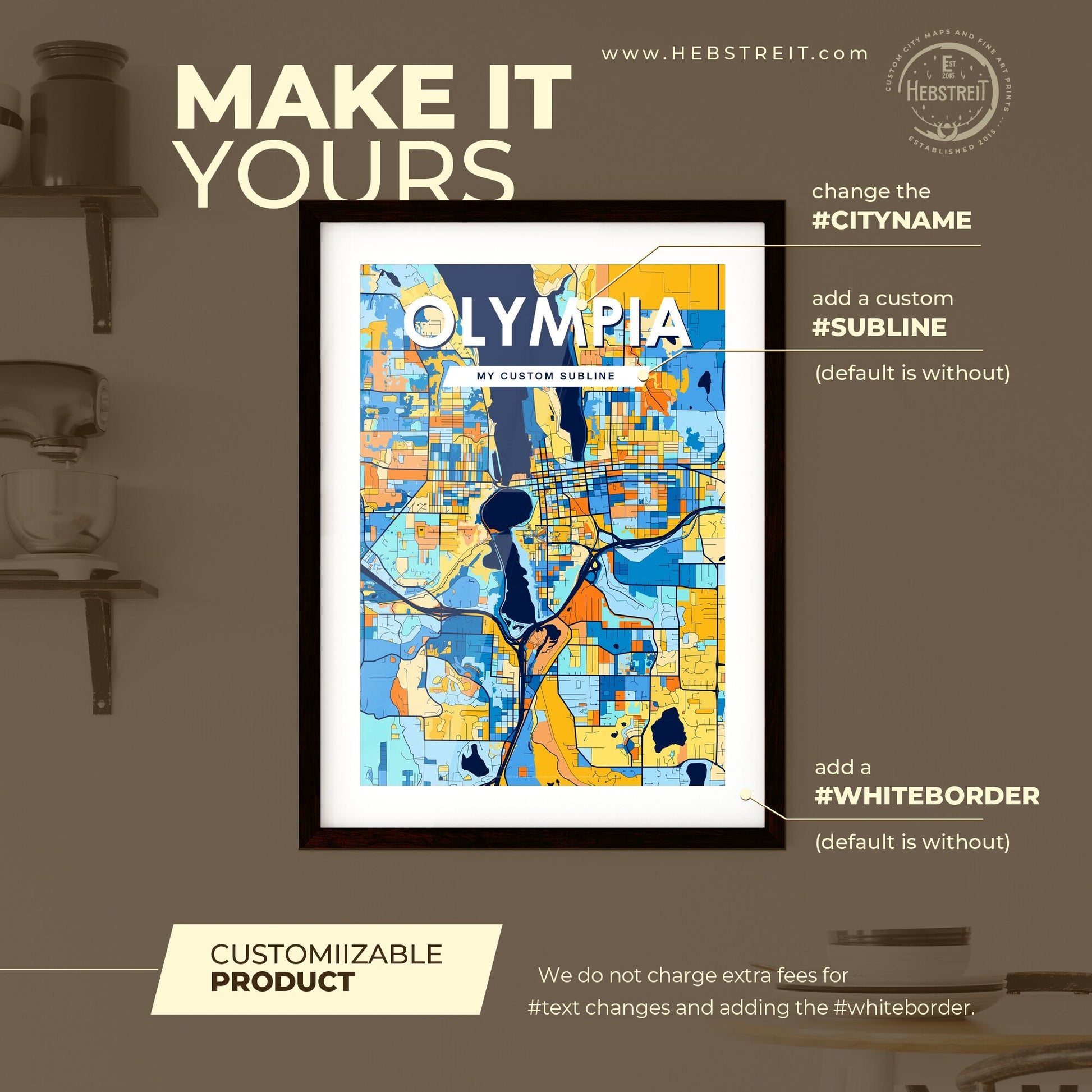 OLYMPIA WASHINGTON Vibrant Colorful Art Map Poster Blue Orange