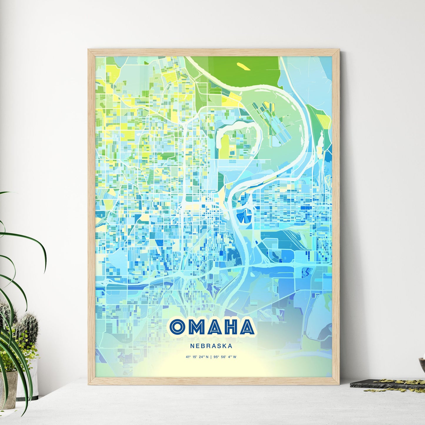 Colorful Omaha Nebraska Fine Art Map Cool Blue
