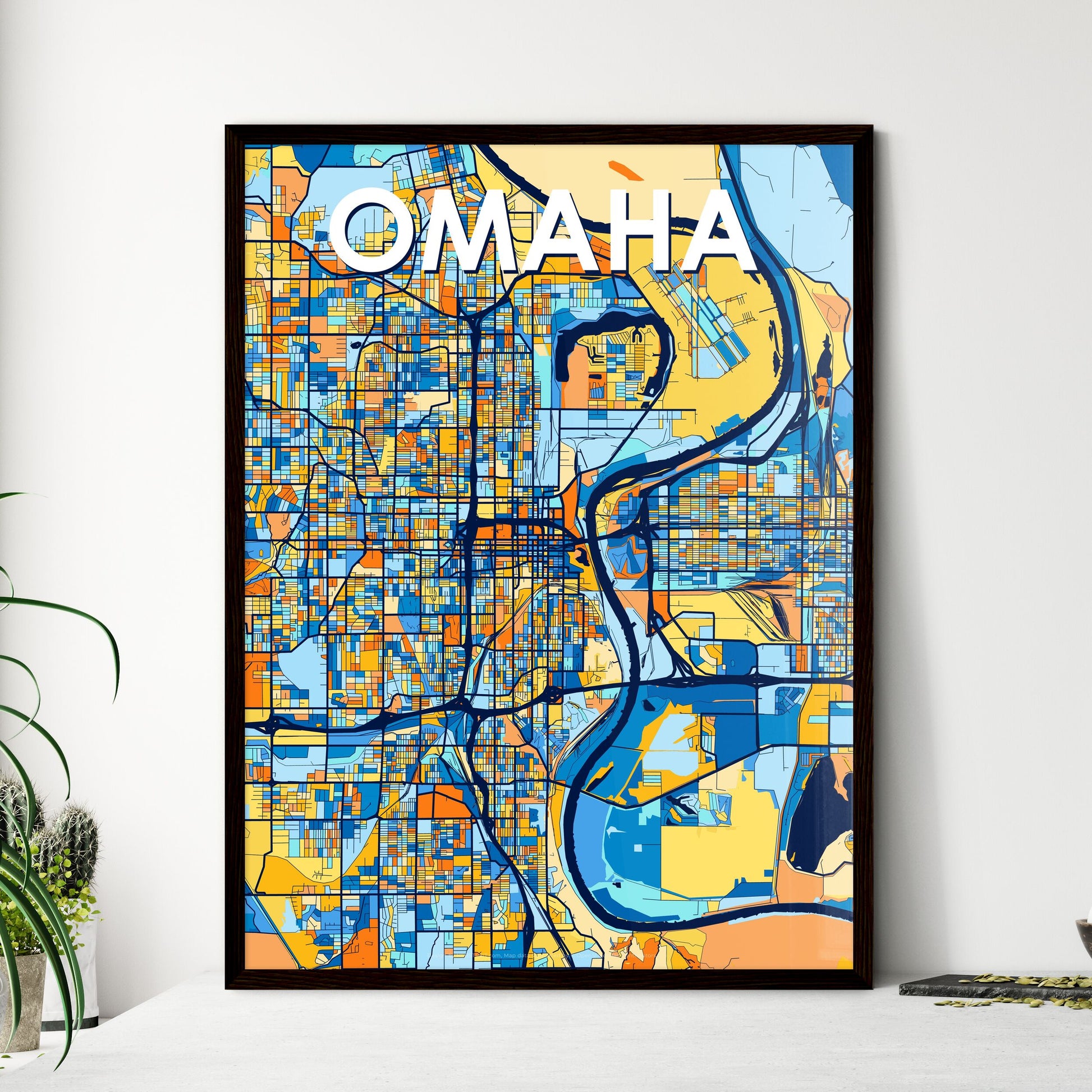 OMAHA NEBRASKA Vibrant Colorful Art Map Poster Blue Orange