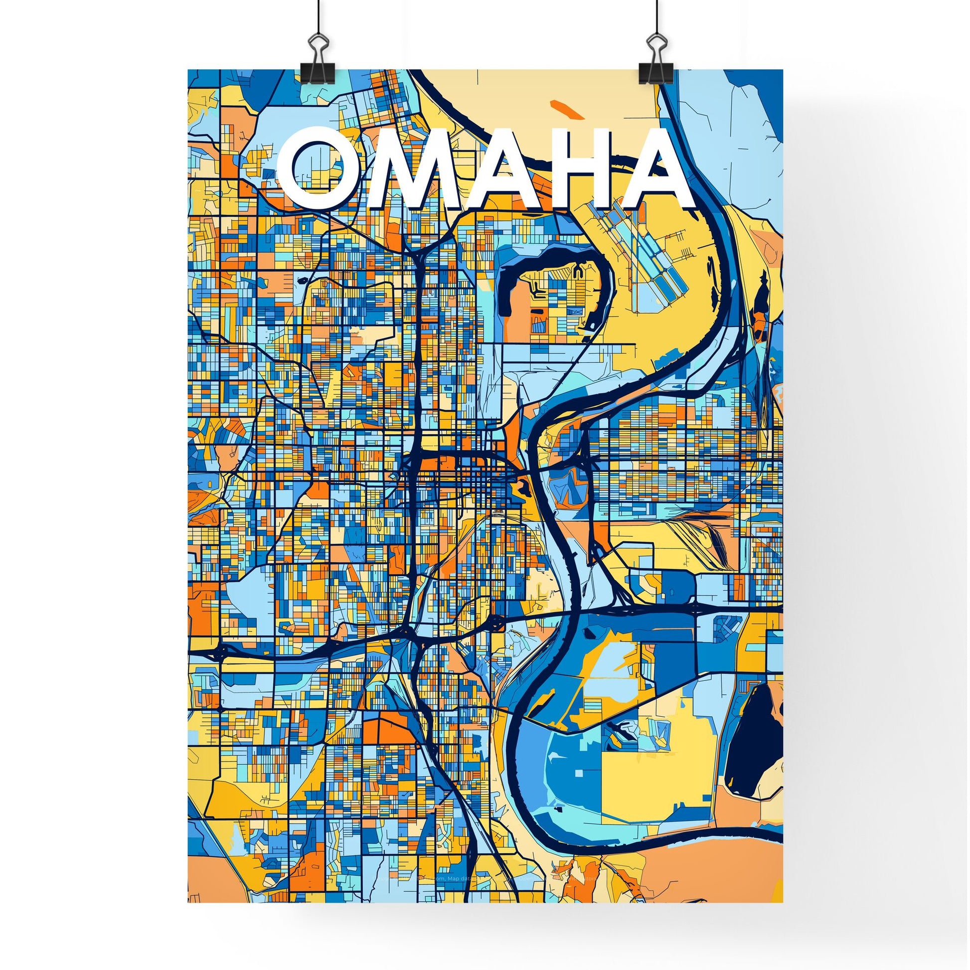 OMAHA NEBRASKA Vibrant Colorful Art Map Poster Blue Orange