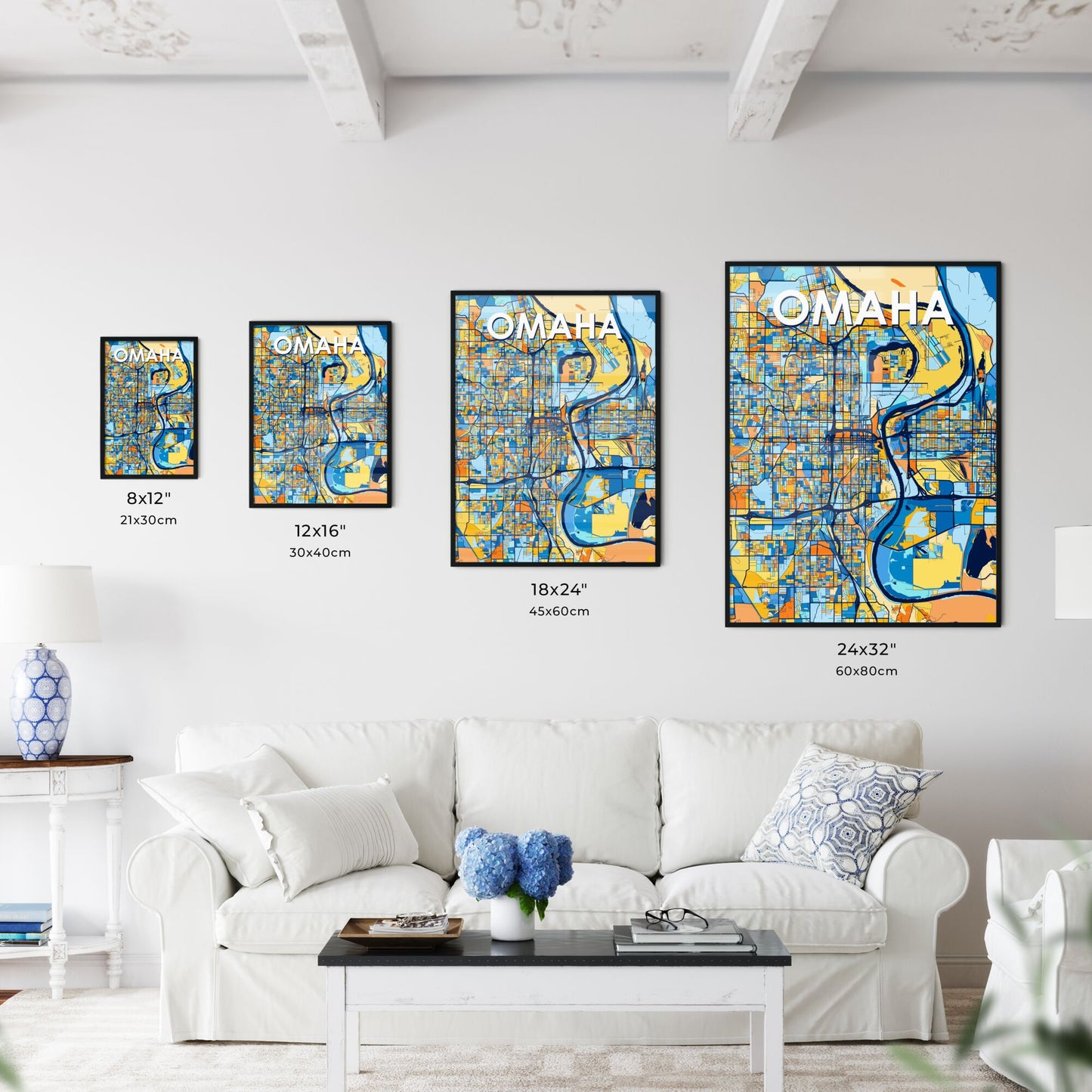 OMAHA NEBRASKA Vibrant Colorful Art Map Poster Blue Orange
