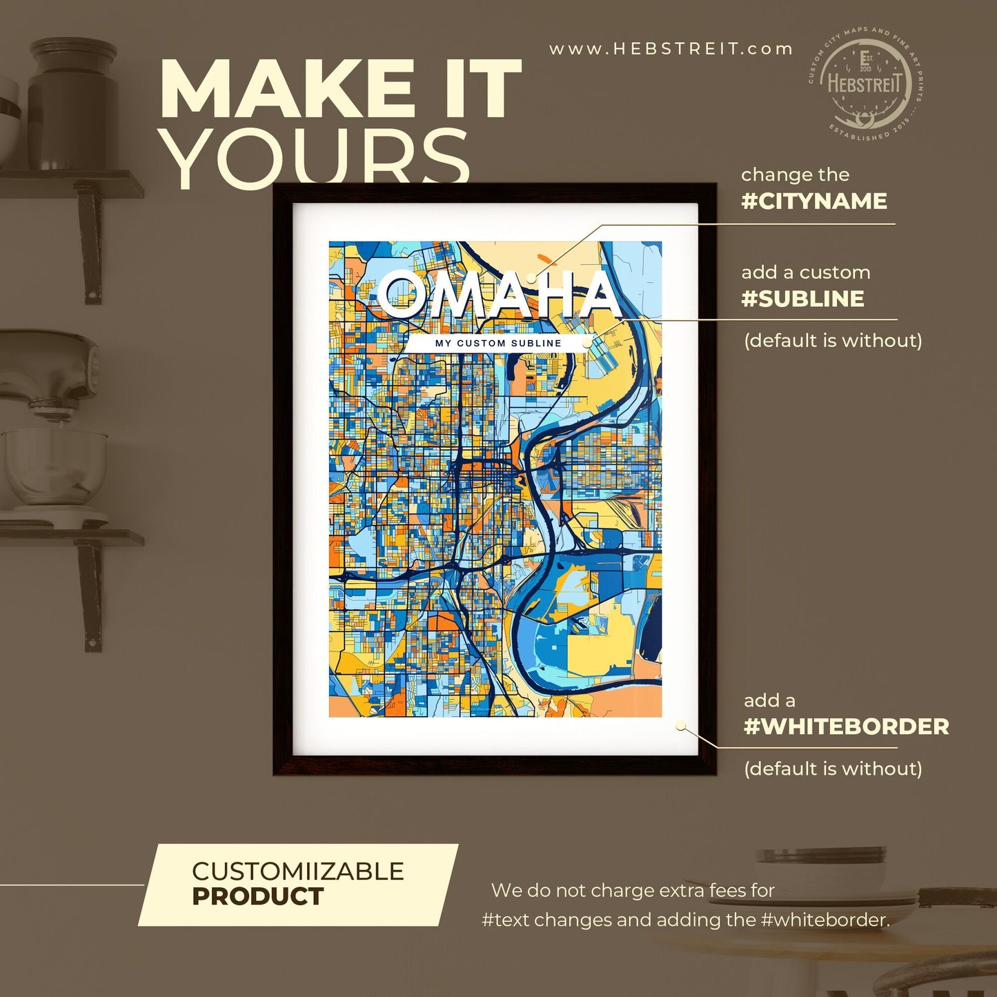 OMAHA NEBRASKA Vibrant Colorful Art Map Poster Blue Orange