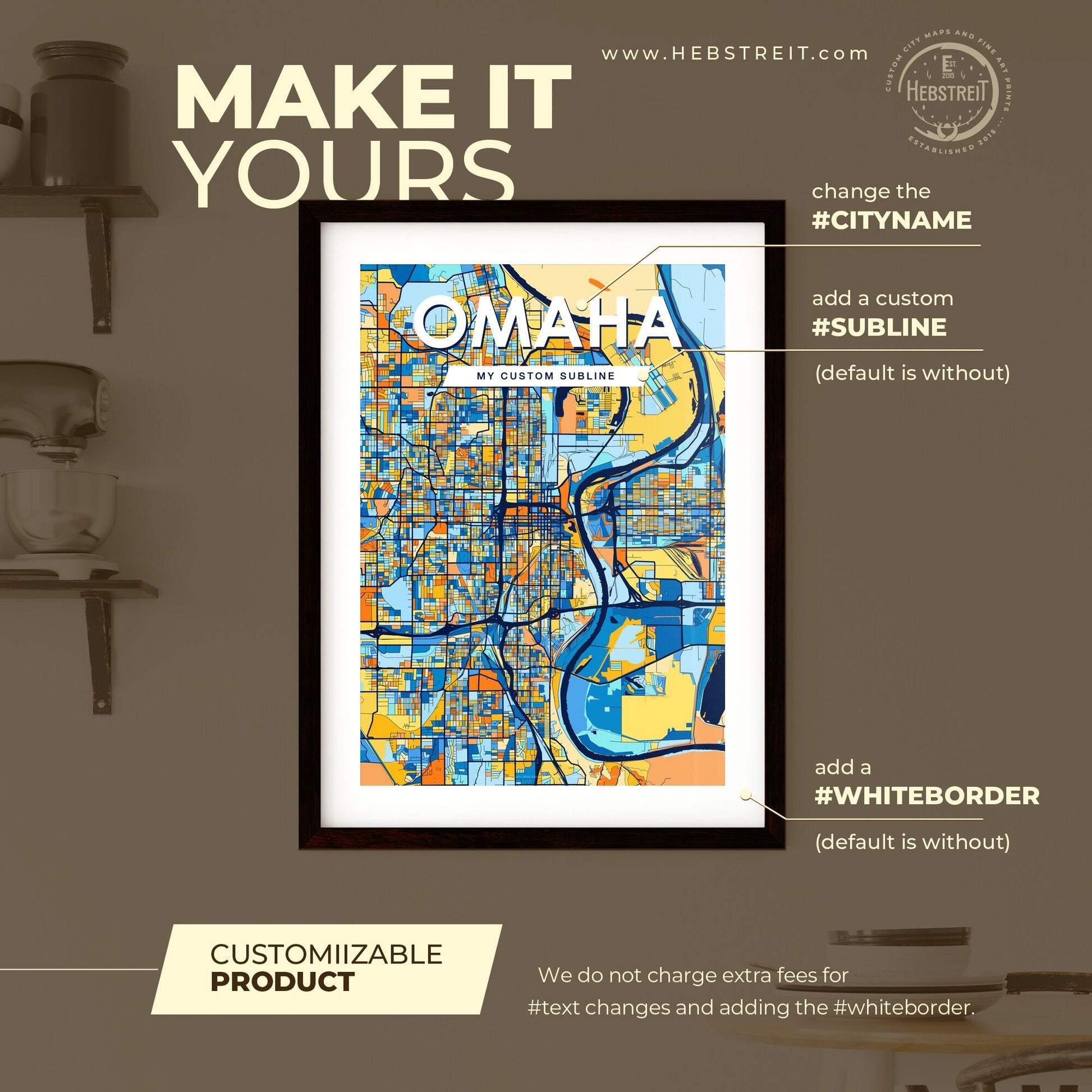 OMAHA NEBRASKA Vibrant Colorful Art Map Poster Blue Orange