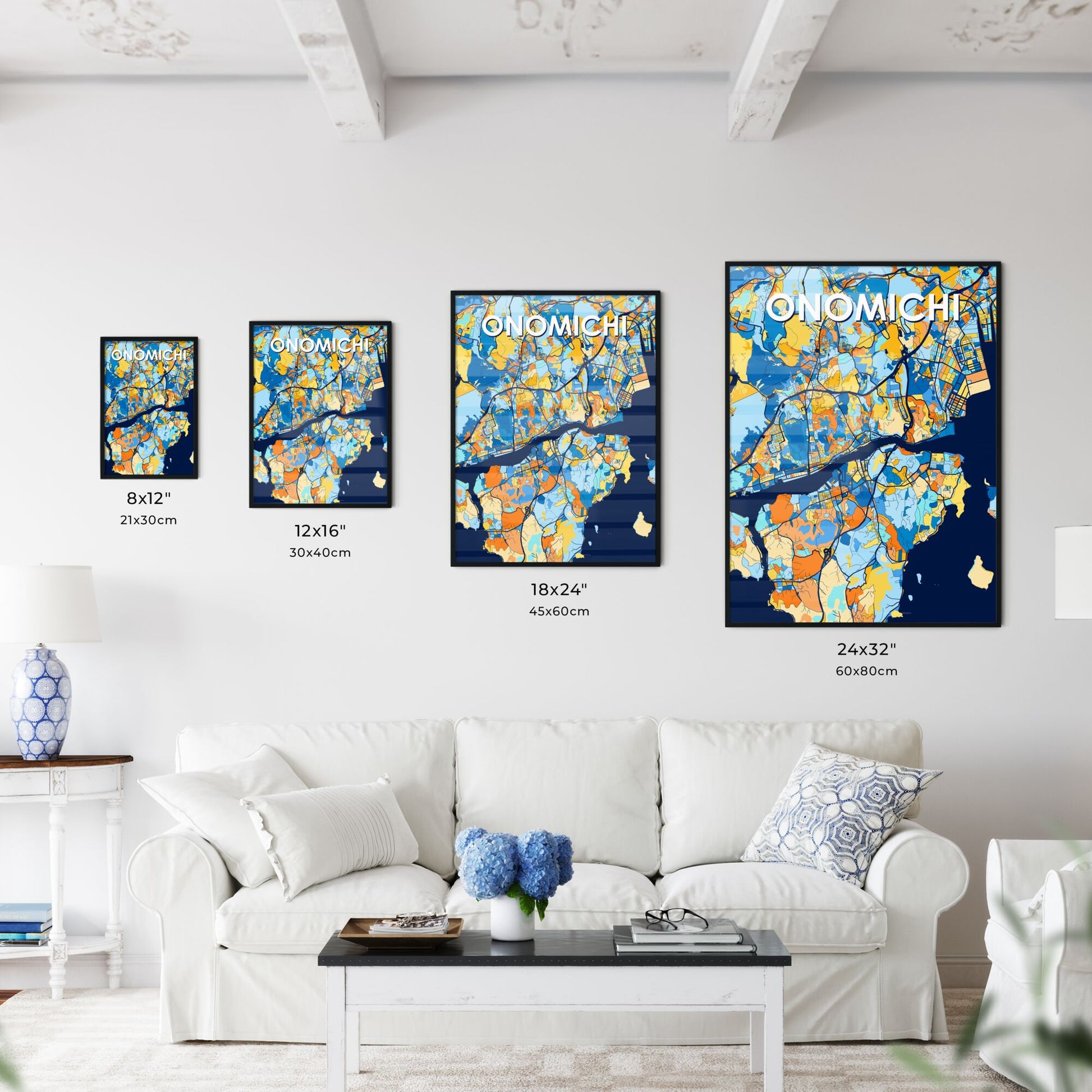 ONOMICHI JAPAN Vibrant Colorful Art Map Poster Blue Orange