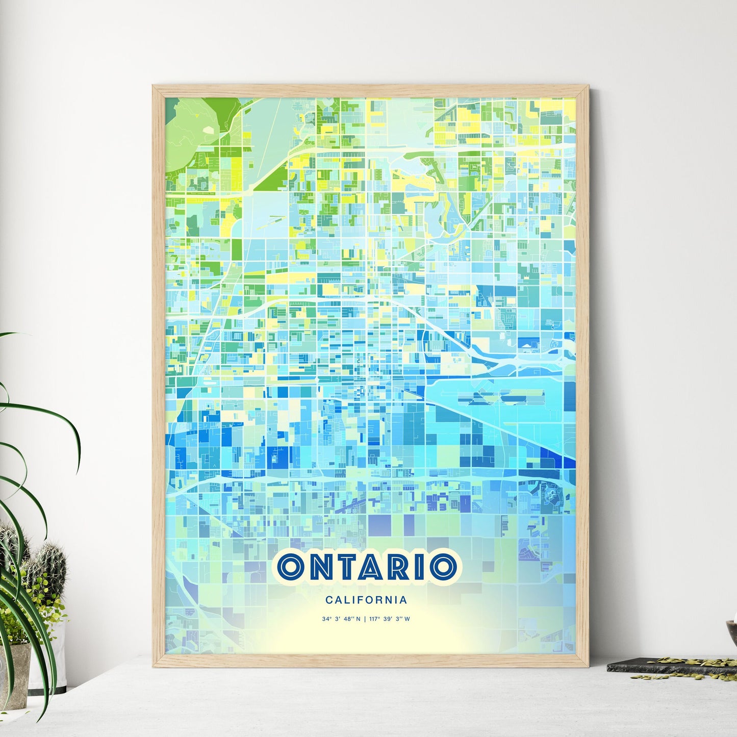 Colorful Ontario California Fine Art Map Cool Blue
