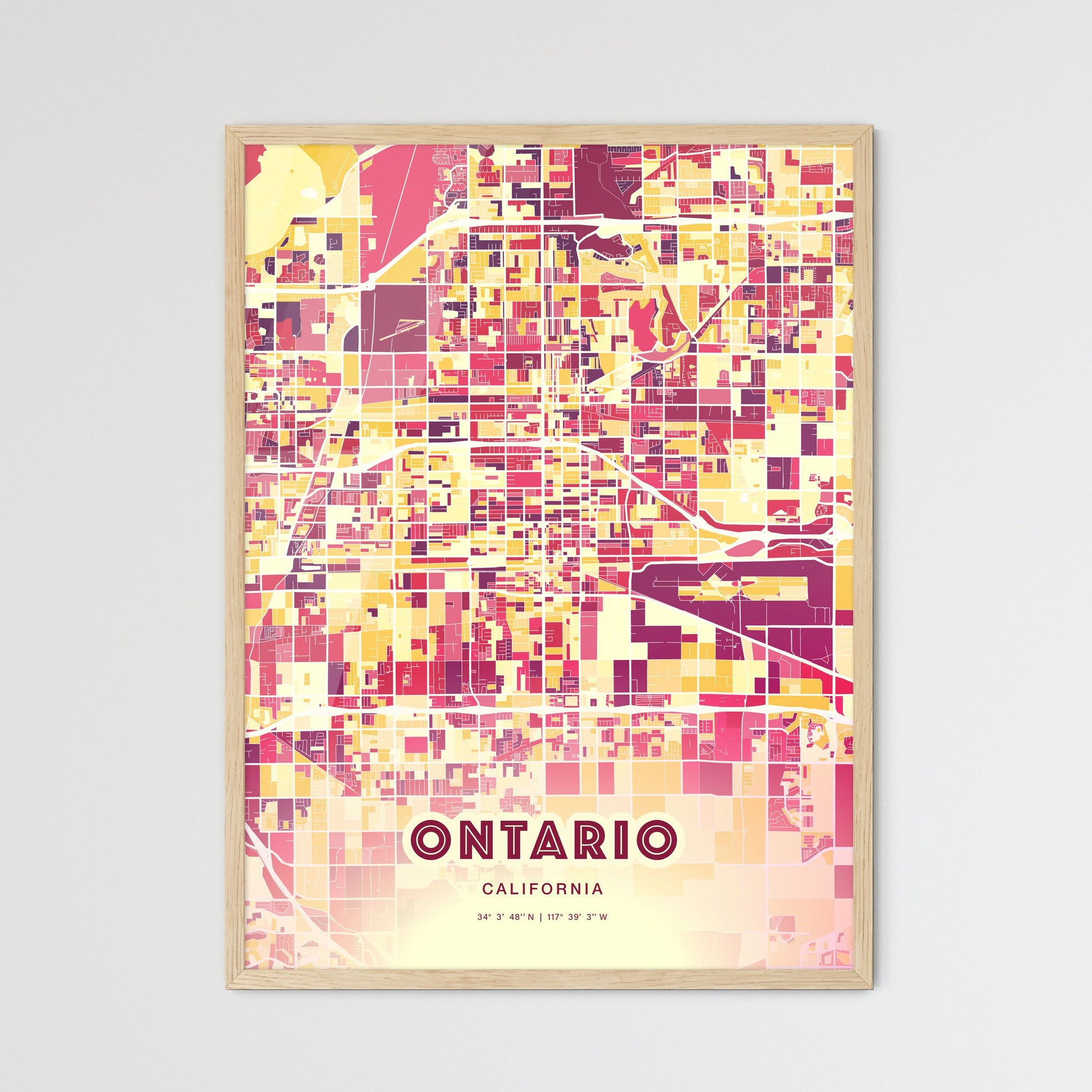 Colorful Ontario California Fine Art Map Hot Red