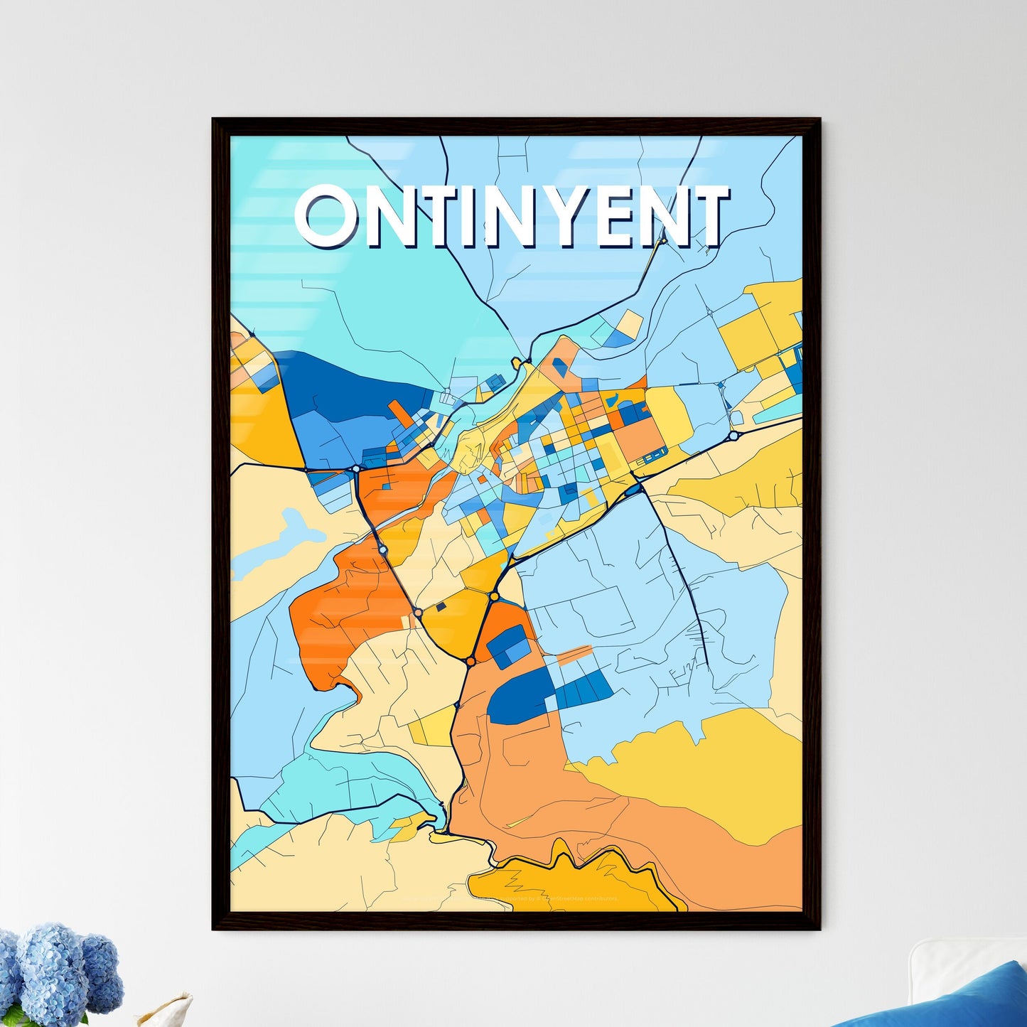 ONTINYENT SPAIN Vibrant Colorful Art Map Poster Blue Orange