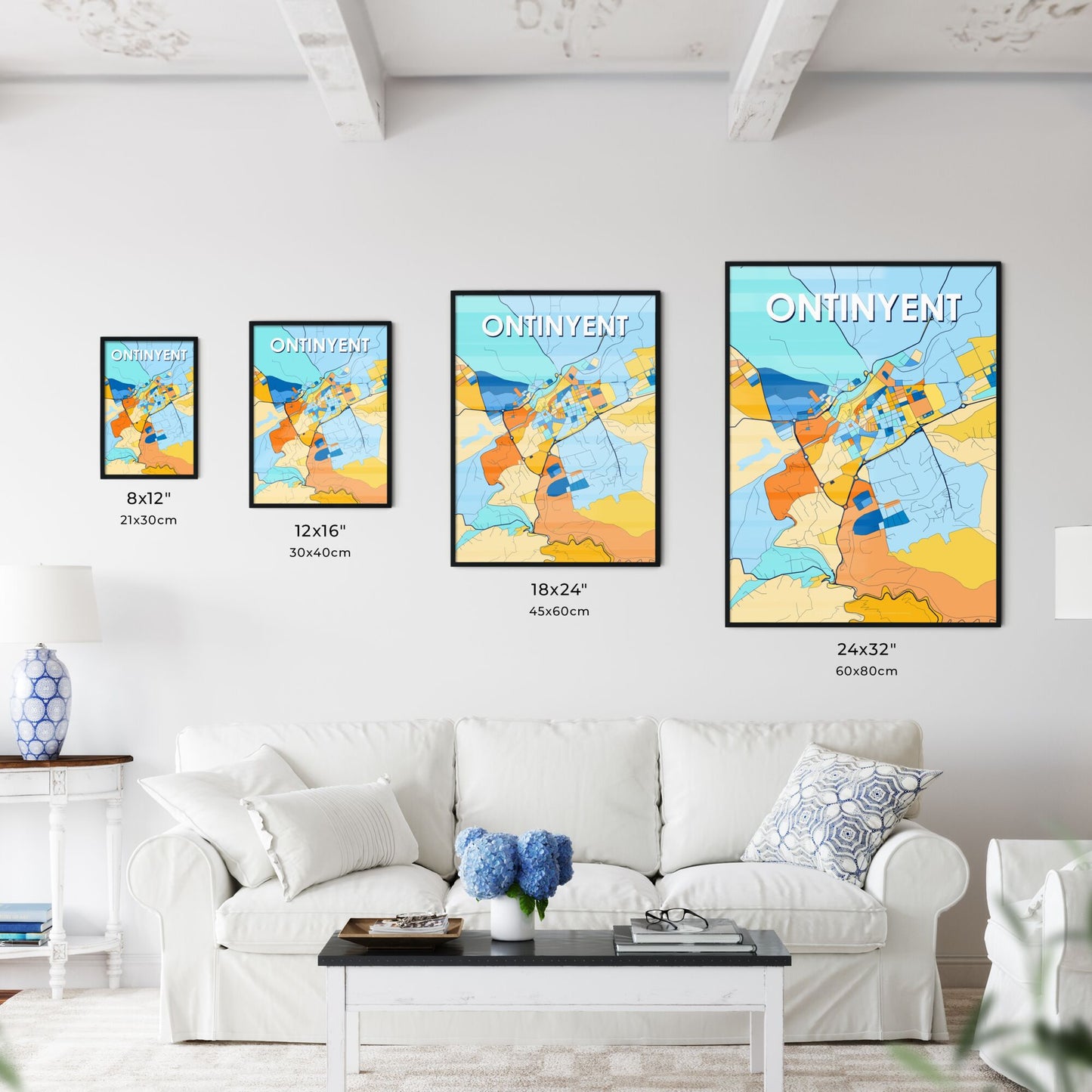 ONTINYENT SPAIN Vibrant Colorful Art Map Poster Blue Orange