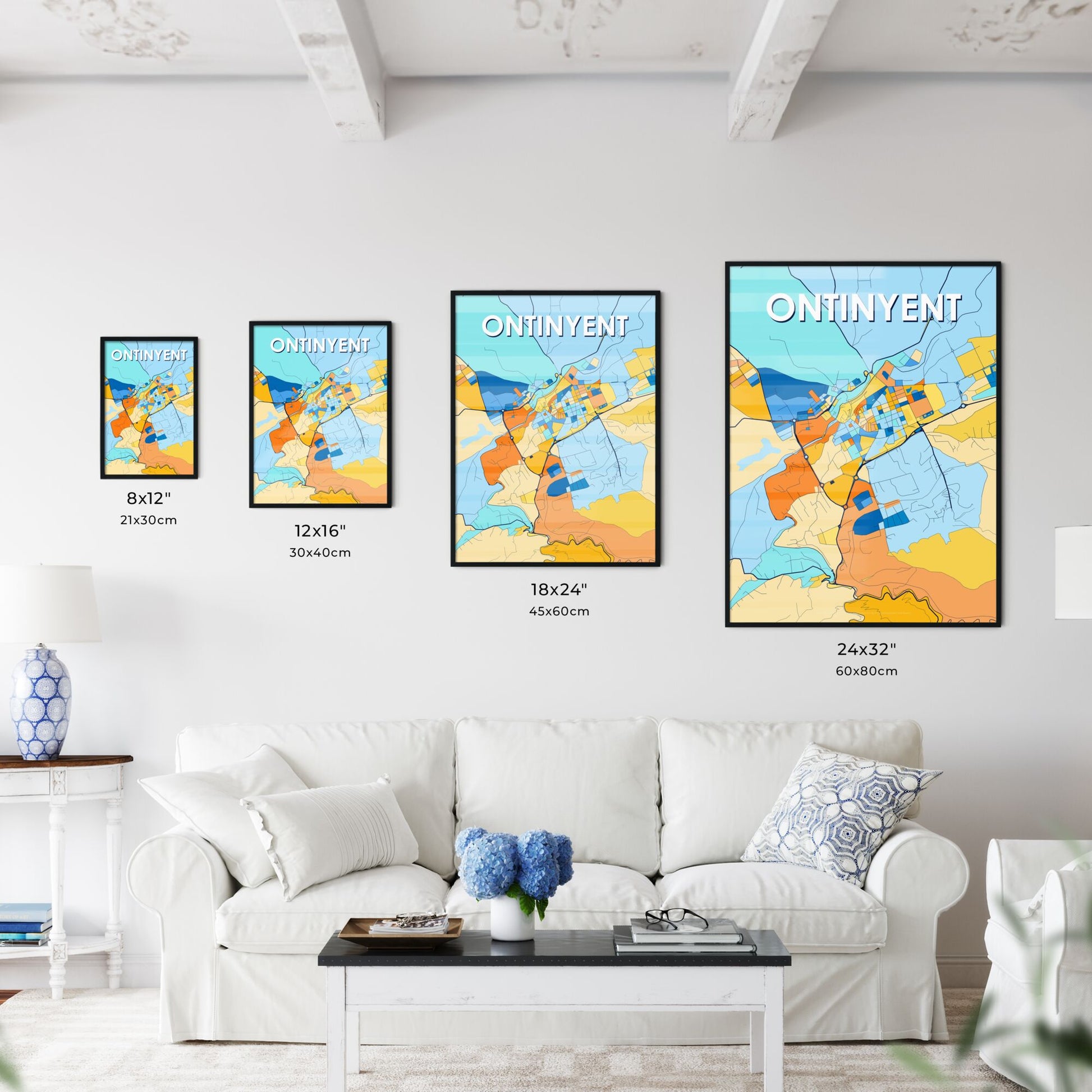 ONTINYENT SPAIN Vibrant Colorful Art Map Poster Blue Orange