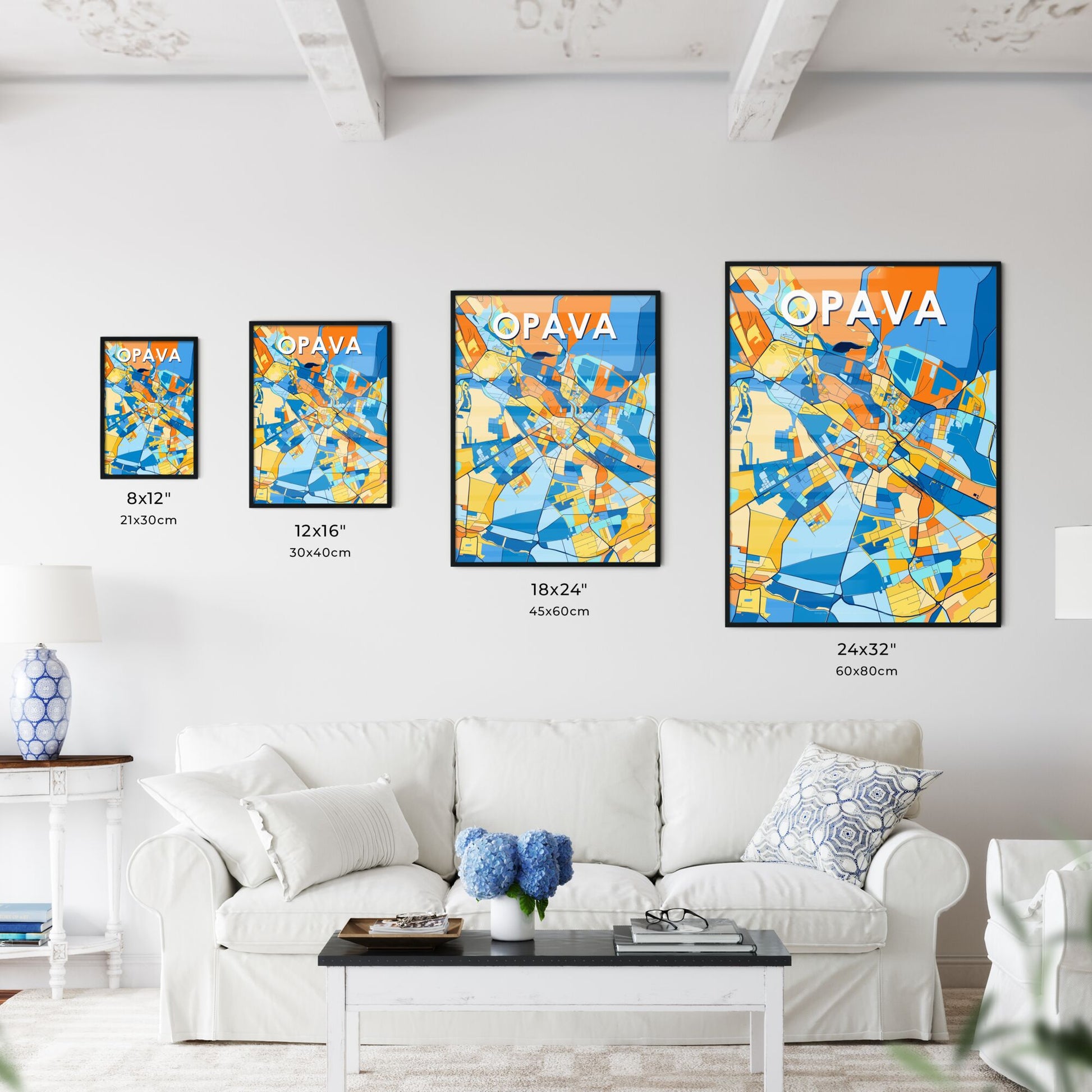 OPAVA CZECHIA Vibrant Colorful Art Map Poster Blue Orange