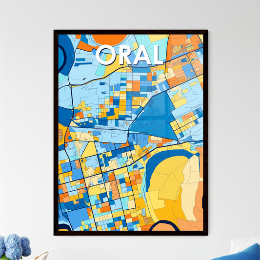 ORAL KAZAKHSTAN Vibrant Colorful Art Map Poster Blue Orange