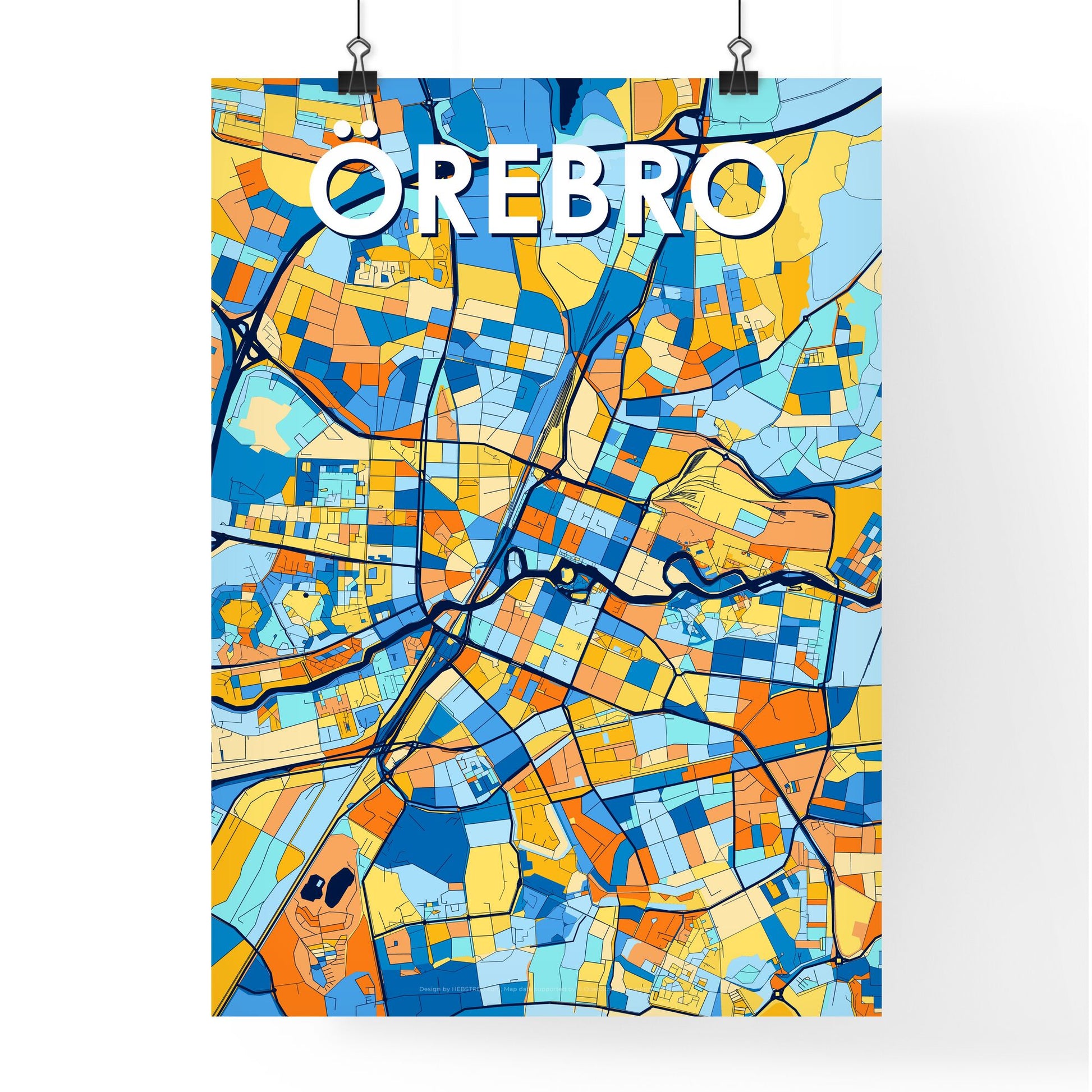 ÖREBRO SWEDEN Vibrant Colorful Art Map Poster Blue Orange