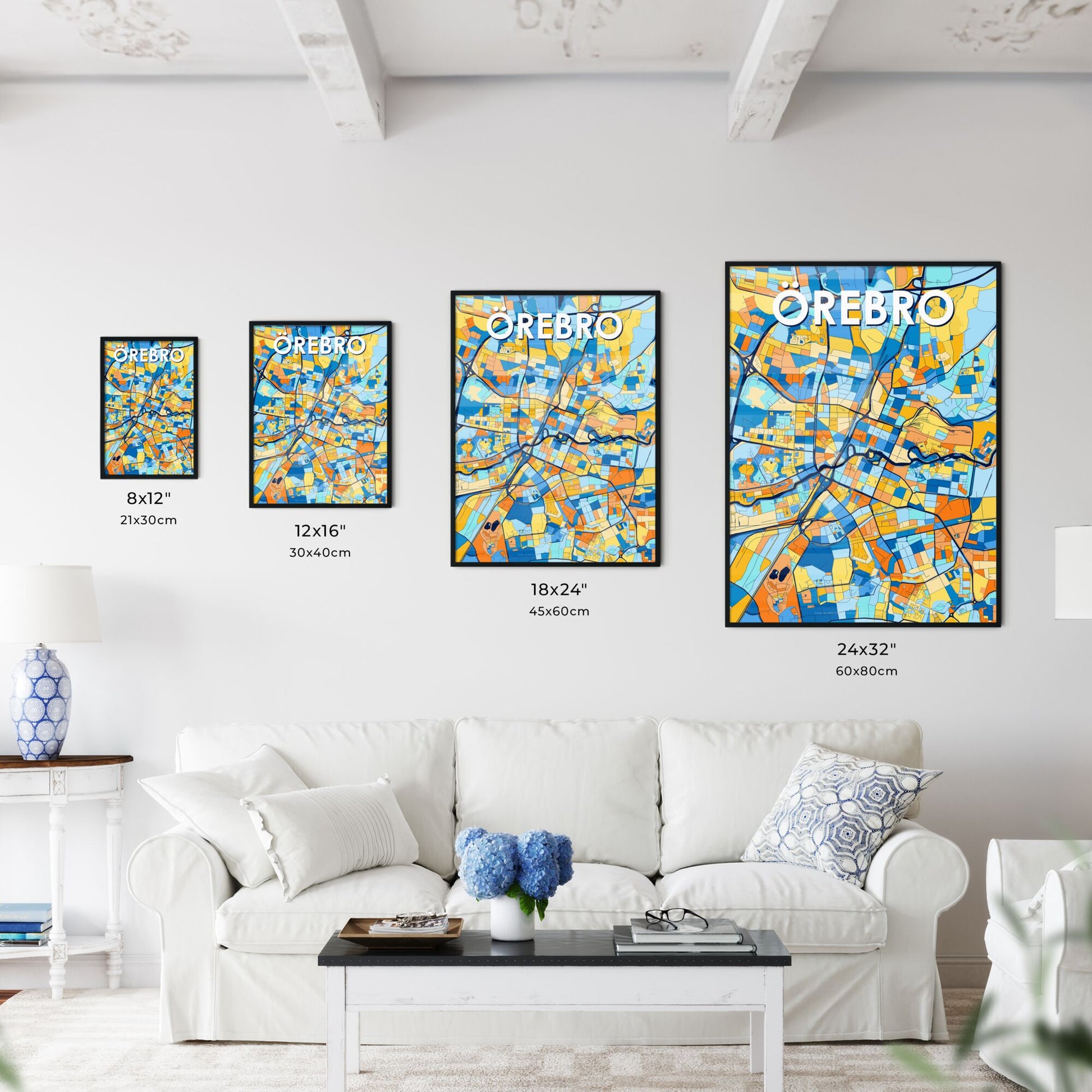 ÖREBRO SWEDEN Vibrant Colorful Art Map Poster Blue Orange
