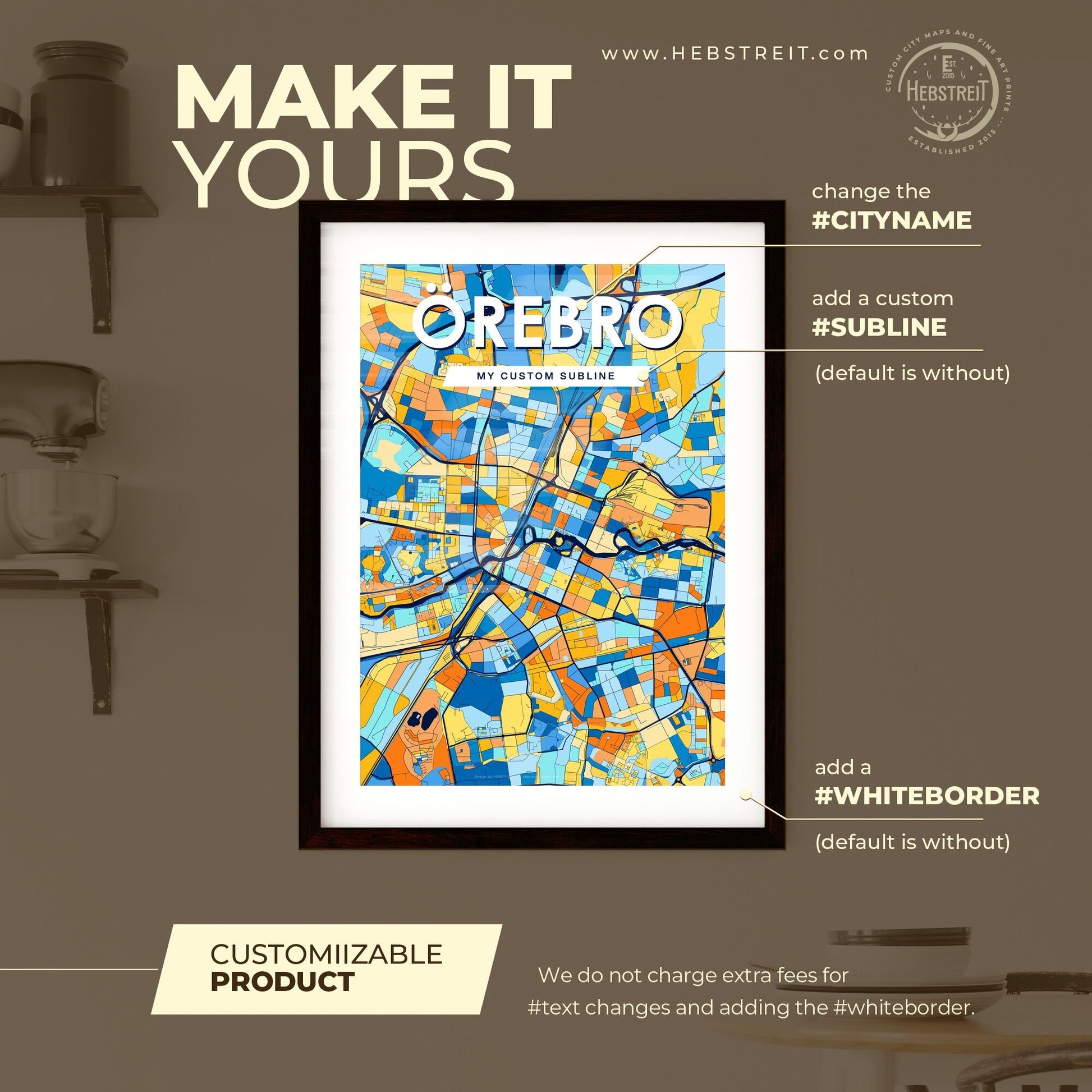 ÖREBRO SWEDEN Vibrant Colorful Art Map Poster Blue Orange