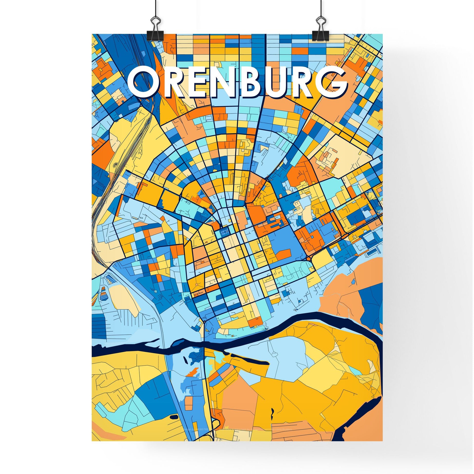 ORENBURG RUSSIA Vibrant Colorful Art Map Poster Blue Orange