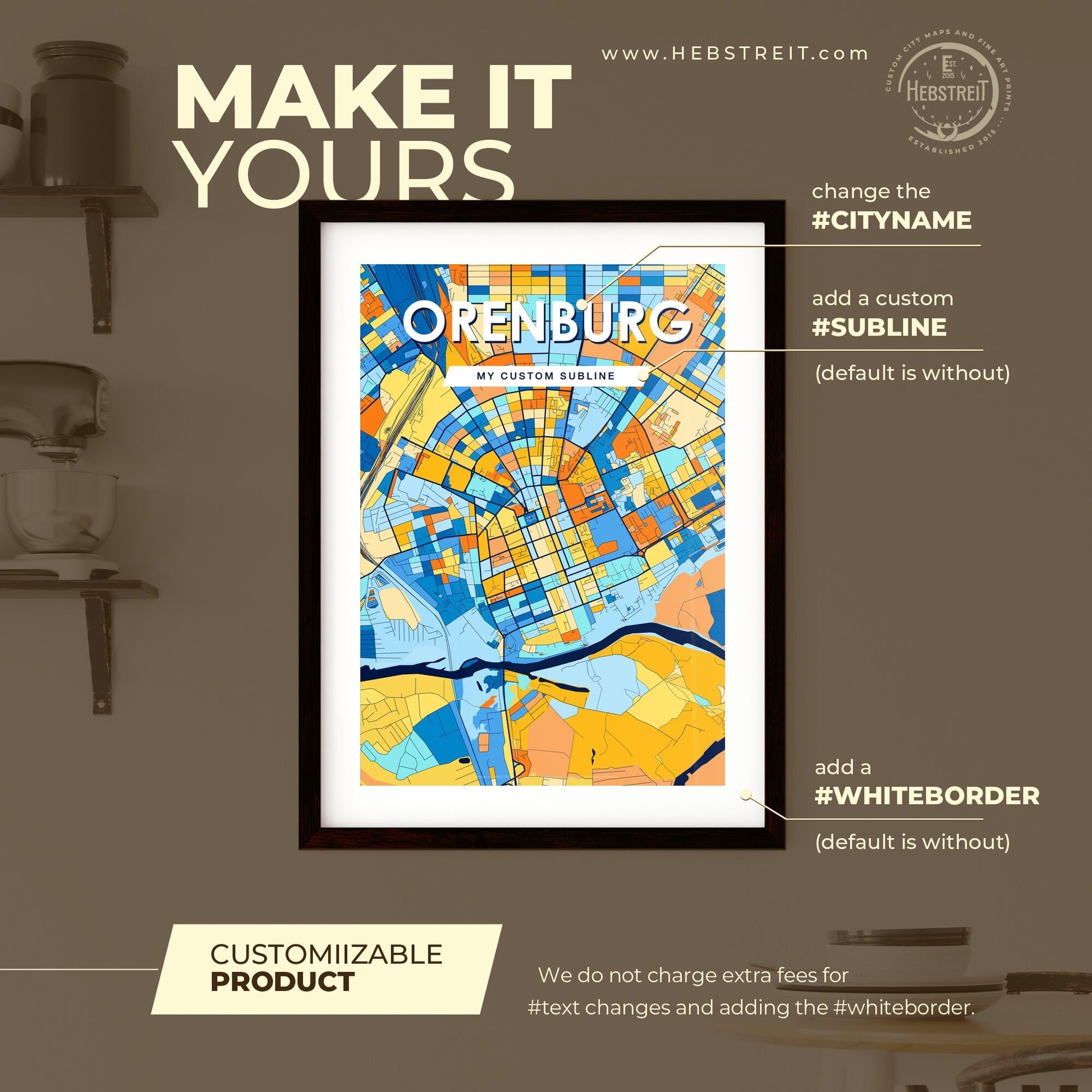 ORENBURG RUSSIA Vibrant Colorful Art Map Poster Blue Orange