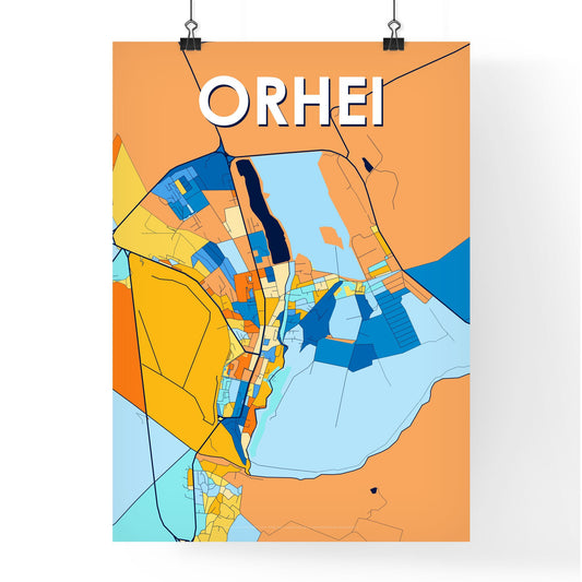 ORHEI MOLDOVA Vibrant Colorful Art Map Poster Blue Orange