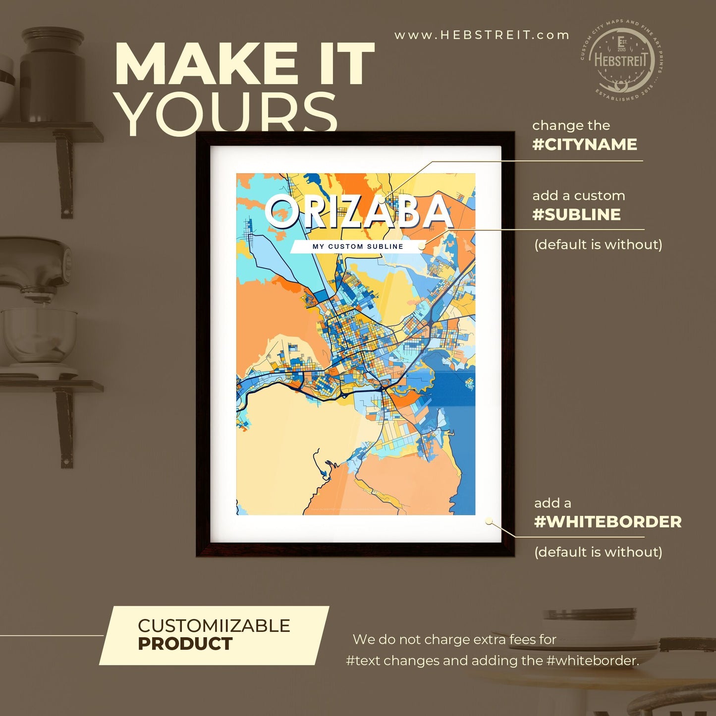 ORIZABA MEXICO Vibrant Colorful Art Map Poster Blue Orange