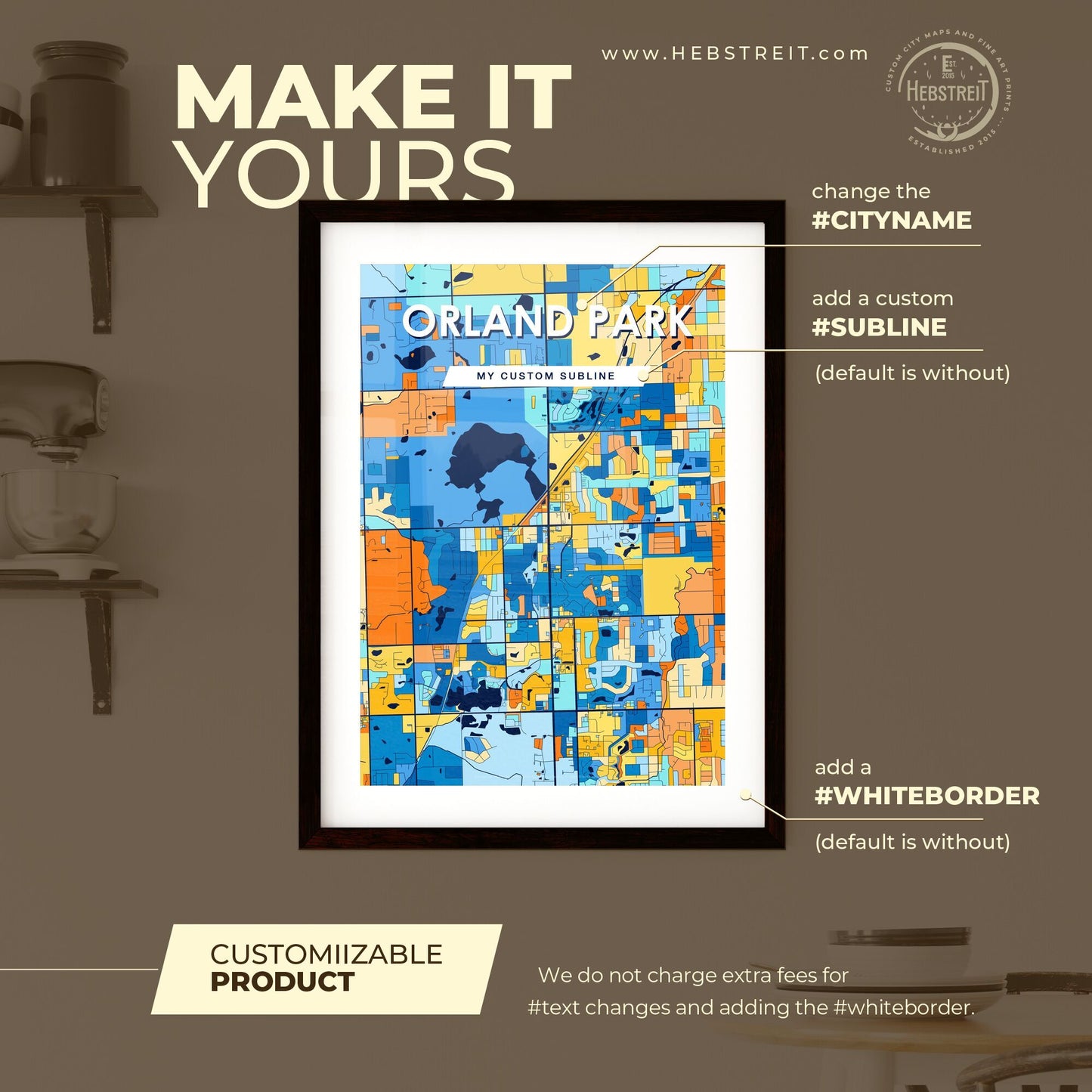 ORLAND PARK ILLINOIS Vibrant Colorful Art Map Poster Blue Orange