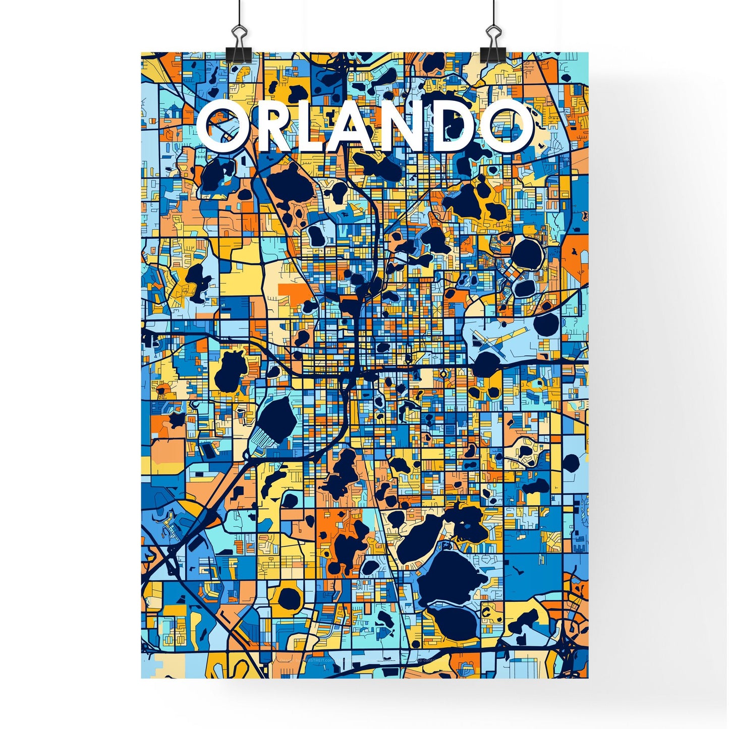 ORLANDO FLORIDA Vibrant Colorful Art Map Poster Blue Orange