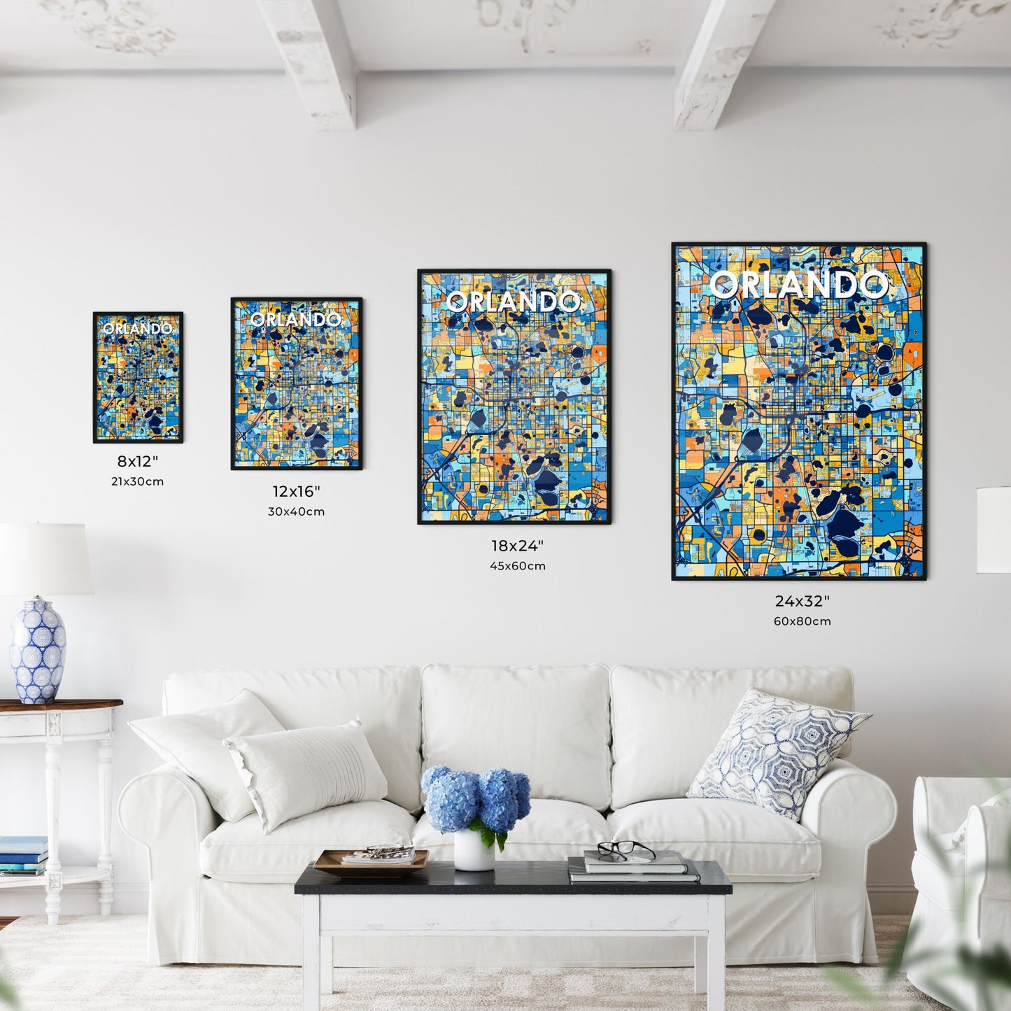 ORLANDO FLORIDA Vibrant Colorful Art Map Poster Blue Orange