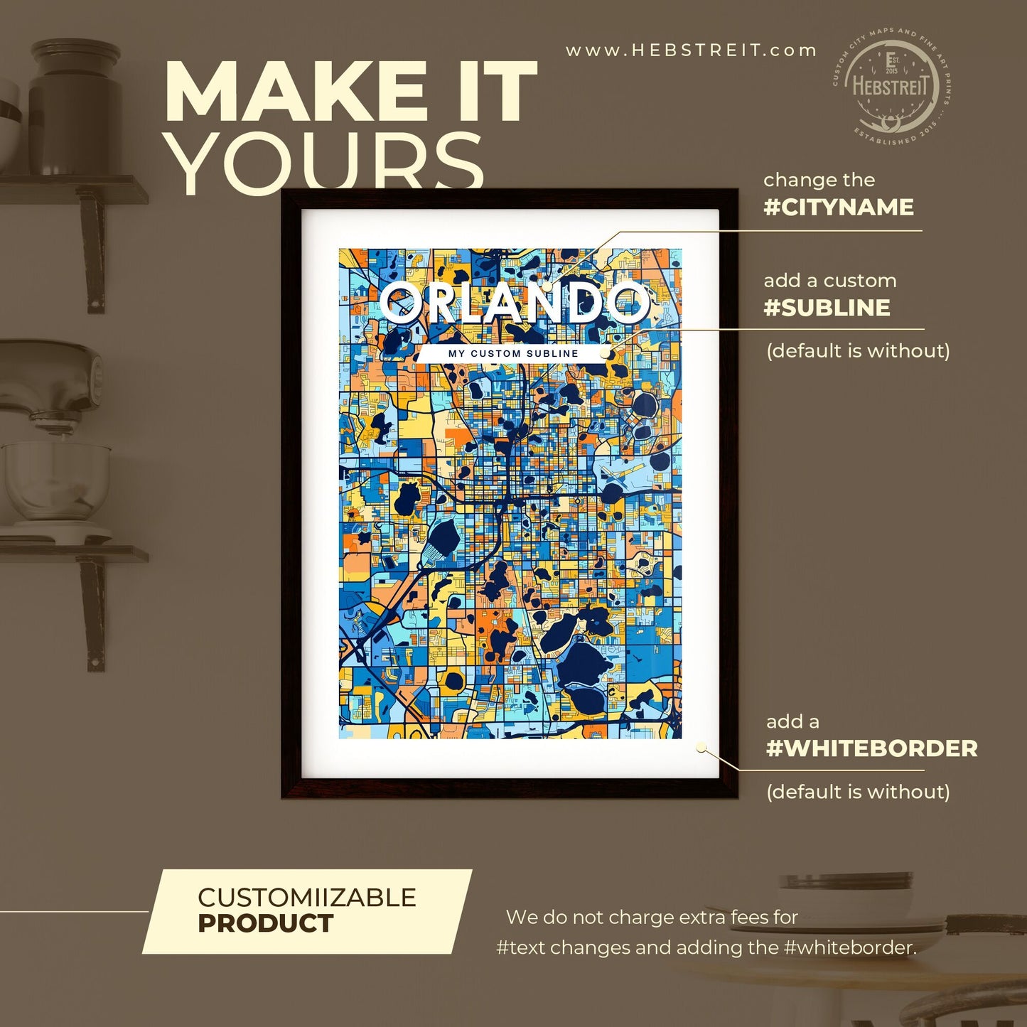 ORLANDO FLORIDA Vibrant Colorful Art Map Poster Blue Orange