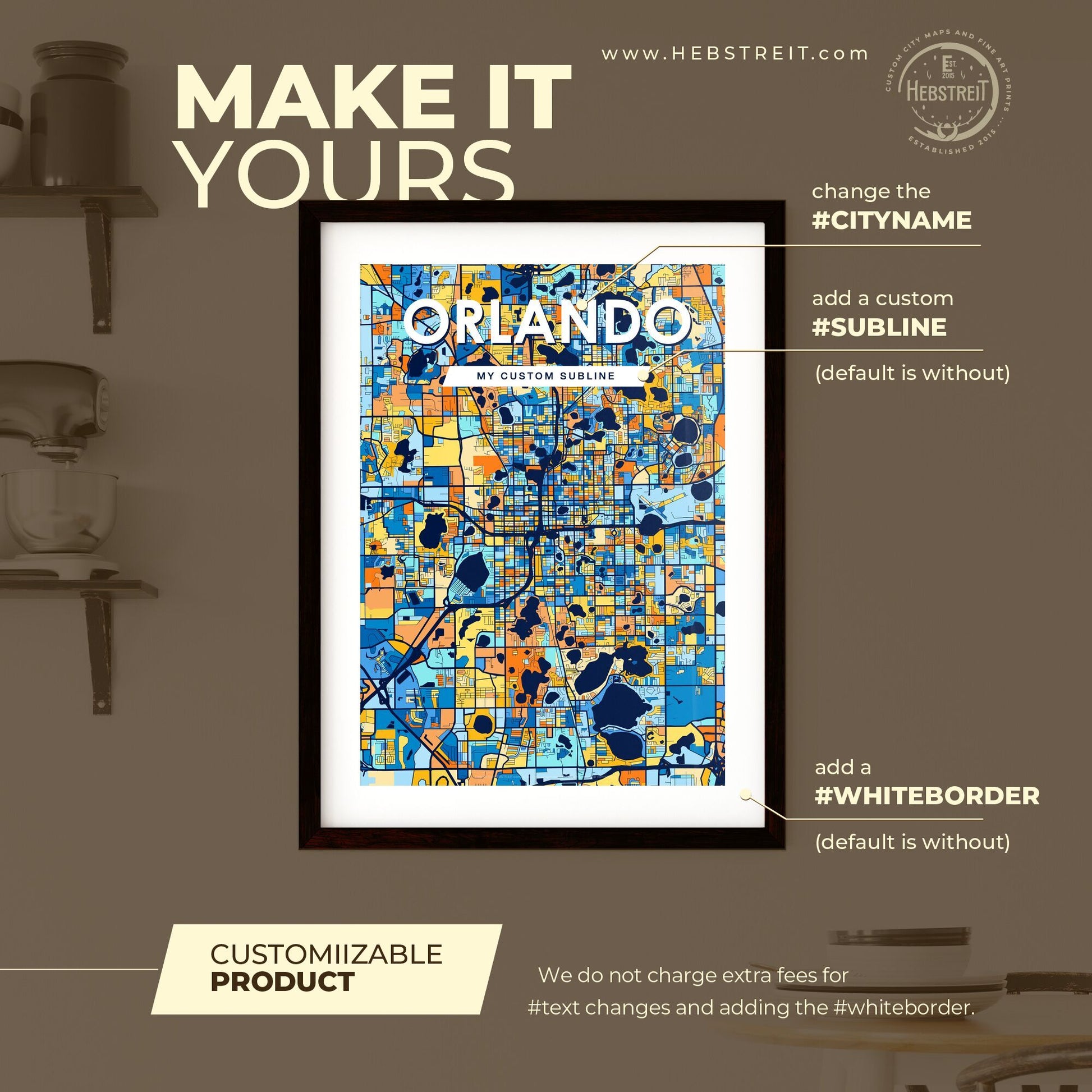 ORLANDO FLORIDA Vibrant Colorful Art Map Poster Blue Orange