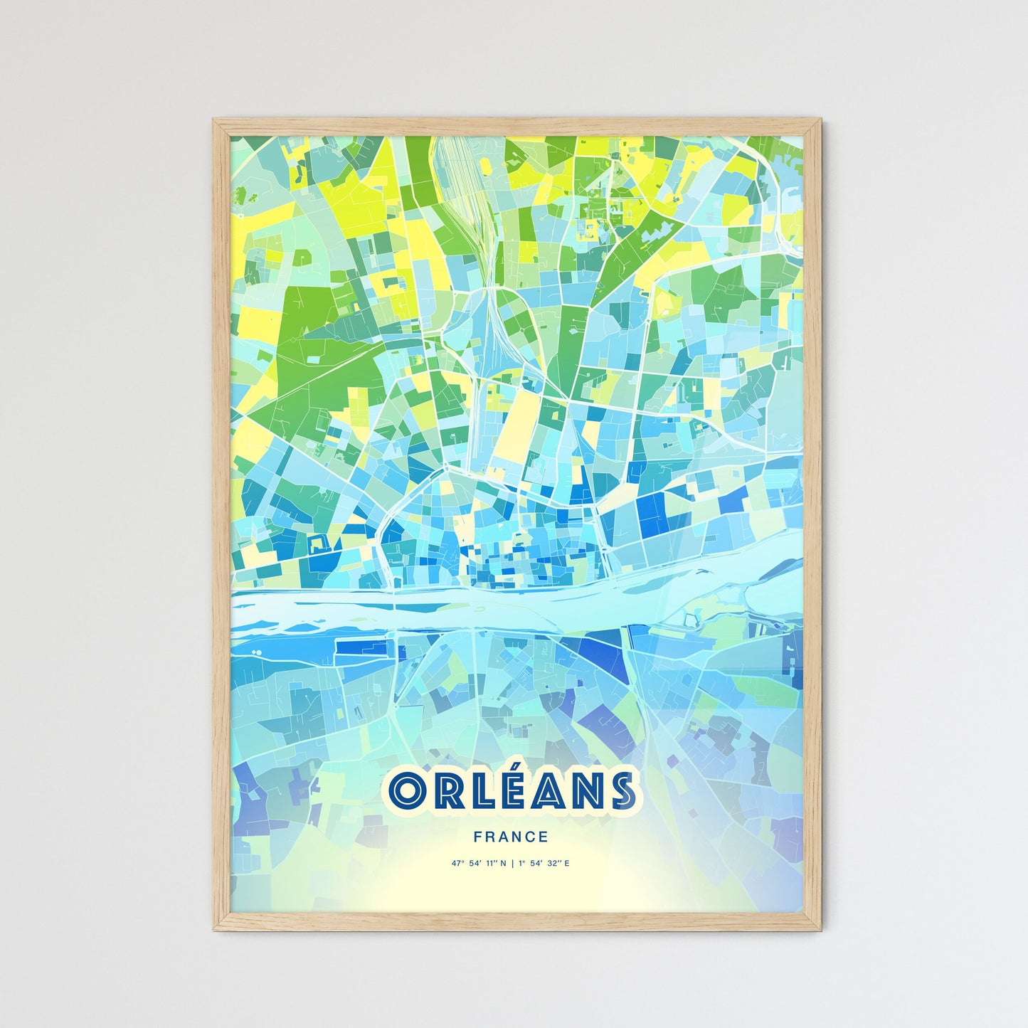 Colorful Orléans France Fine Art Map Cool Blue