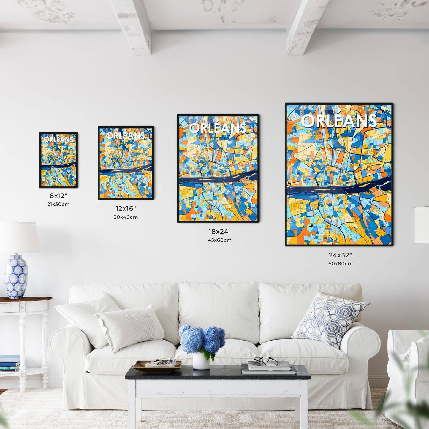ORLÉANS FRANCE Vibrant Colorful Art Map Poster Blue Orange
