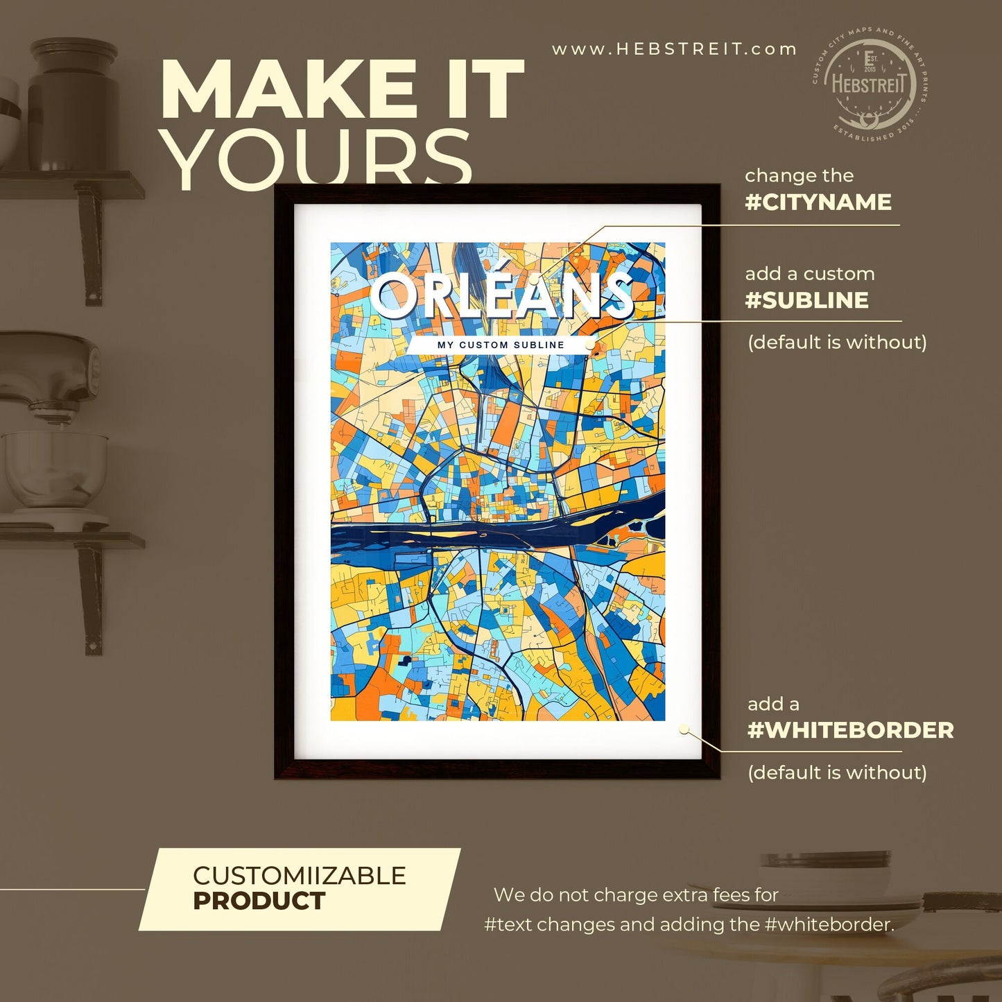 ORLÉANS FRANCE Vibrant Colorful Art Map Poster Blue Orange