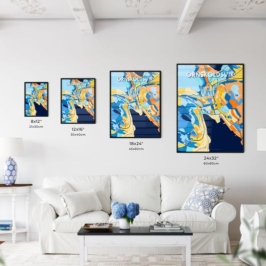 ÖRNSKÖLDSVIK SWEDEN Vibrant Colorful Art Map Poster Blue Orange
