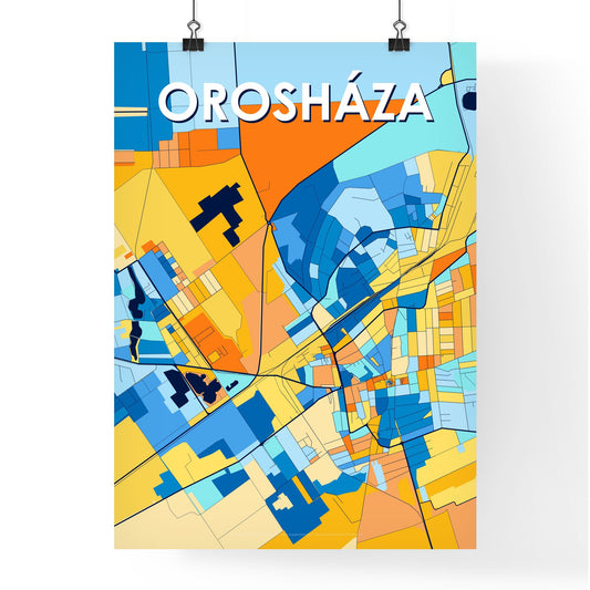 OROSHÁZA HUNGARY Vibrant Colorful Art Map Poster Blue Orange