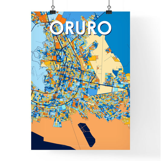 ORURO BOLIVIA Vibrant Colorful Art Map Poster Blue Orange