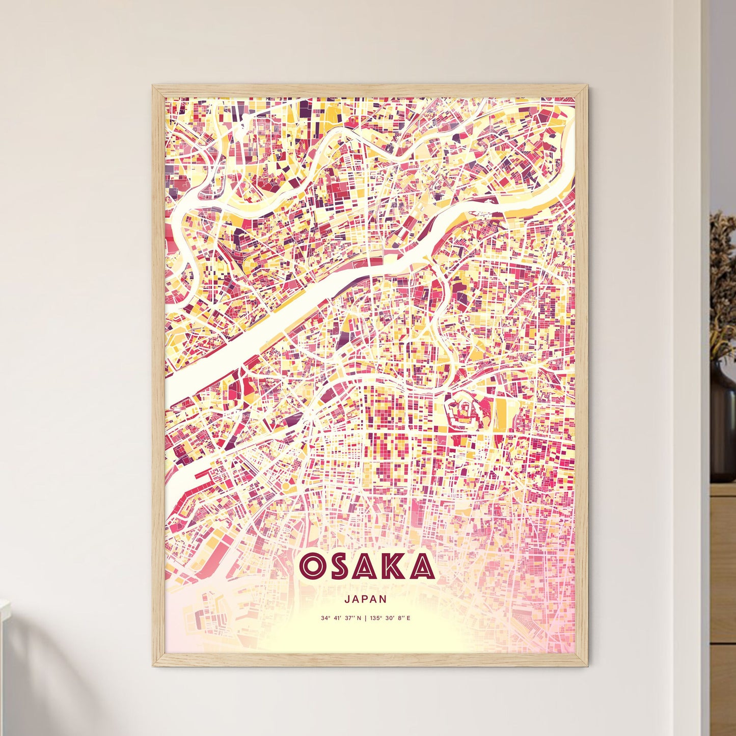 Colorful Osaka Japan Fine Art Map Hot Red