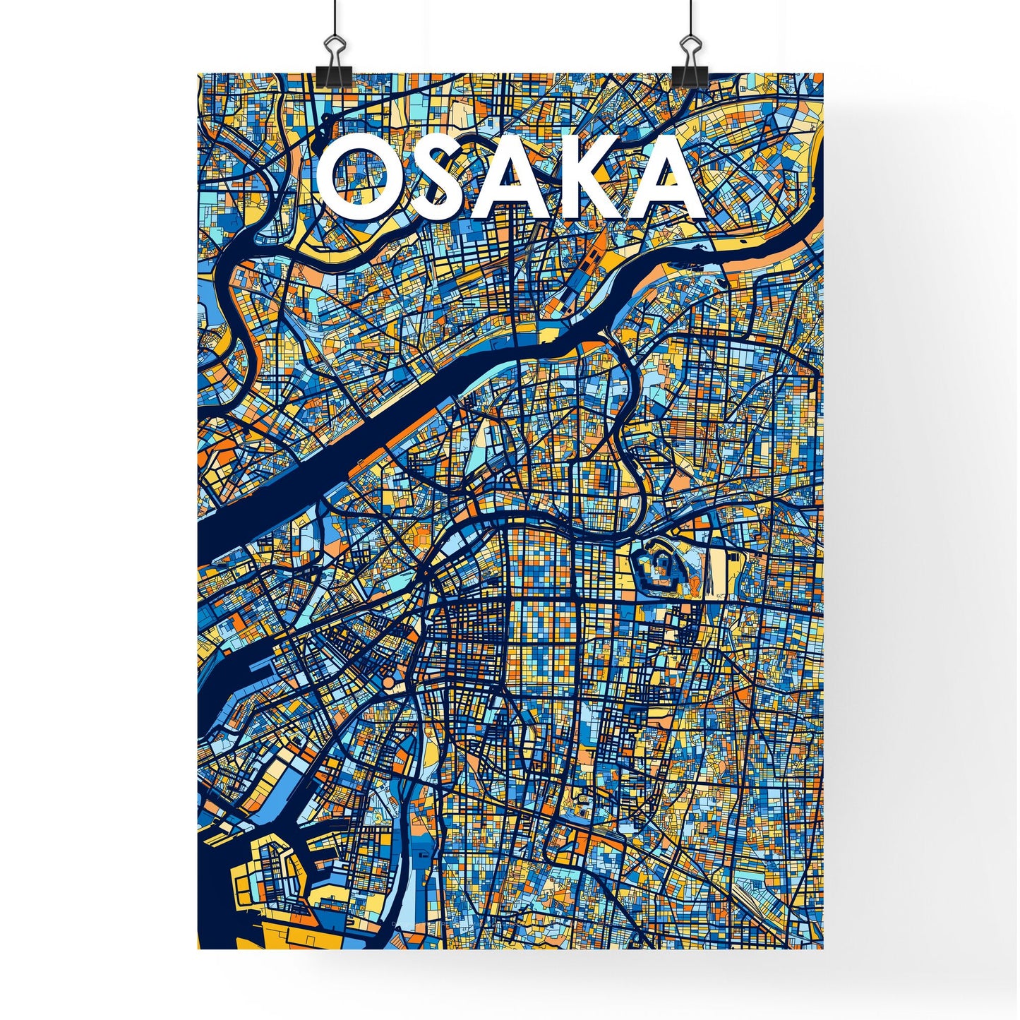 OSAKA JAPAN Vibrant Colorful Art Map Poster Blue Orange