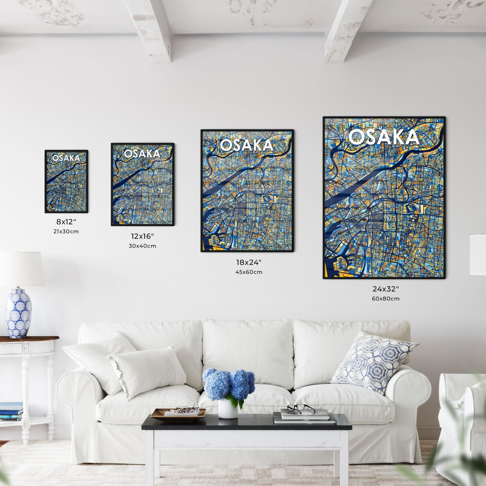 OSAKA JAPAN Vibrant Colorful Art Map Poster Blue Orange