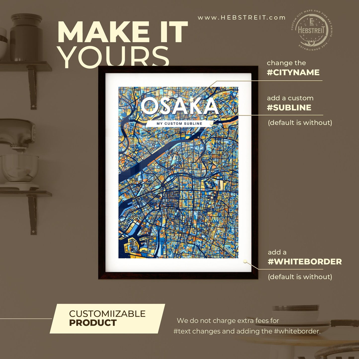 OSAKA JAPAN Vibrant Colorful Art Map Poster Blue Orange