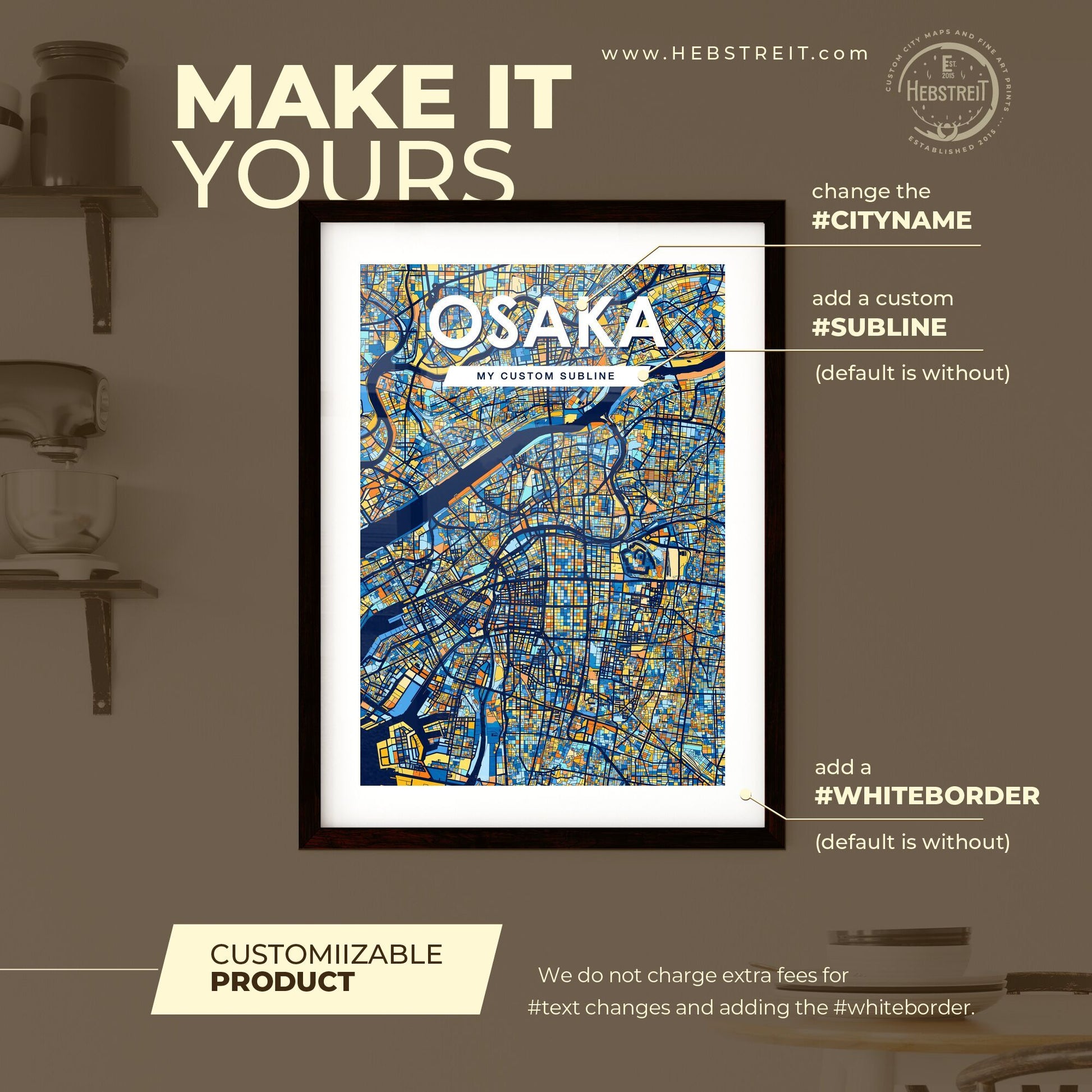 OSAKA JAPAN Vibrant Colorful Art Map Poster Blue Orange