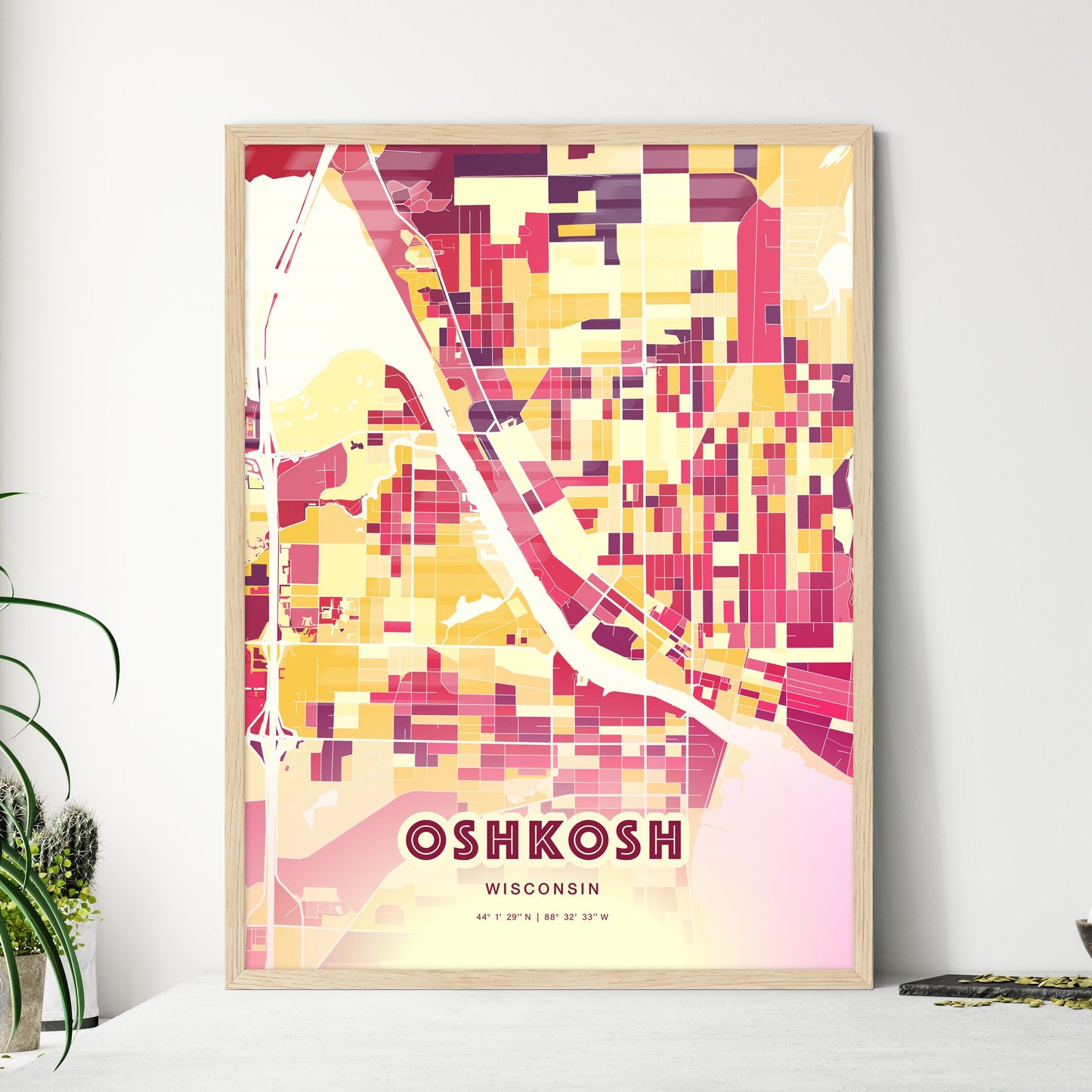 Colorful Oshkosh Wisconsin Fine Art Map Hot Red