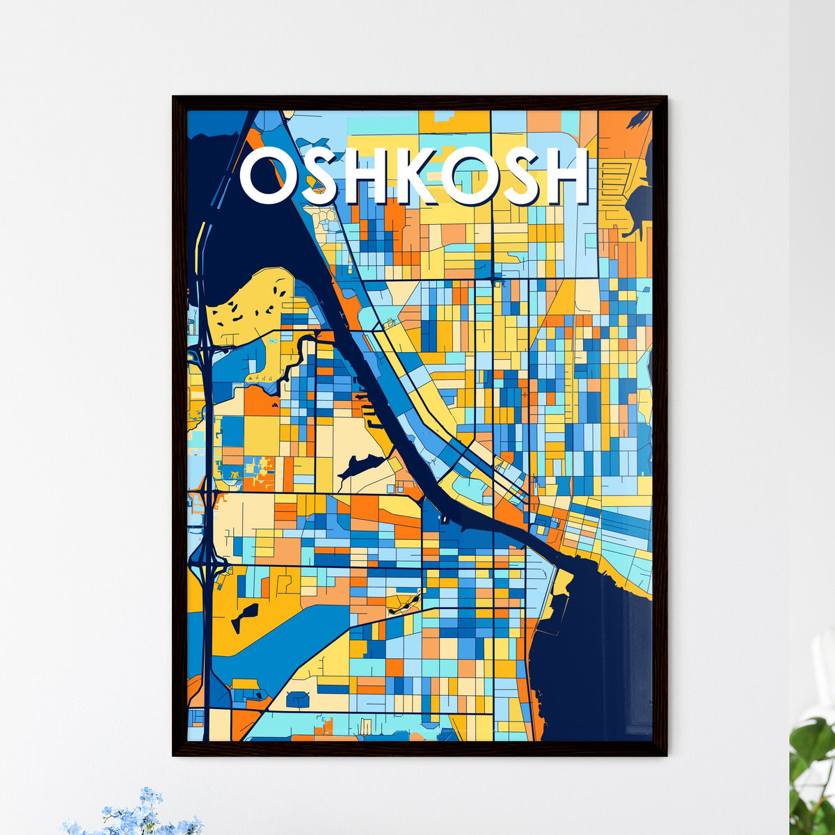 OSHKOSH WISCONSIN Vibrant Colorful Art Map Poster Blue Orange