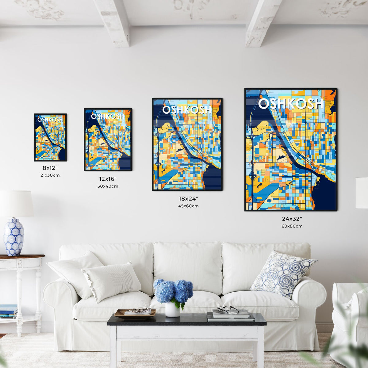 OSHKOSH WISCONSIN Vibrant Colorful Art Map Poster Blue Orange