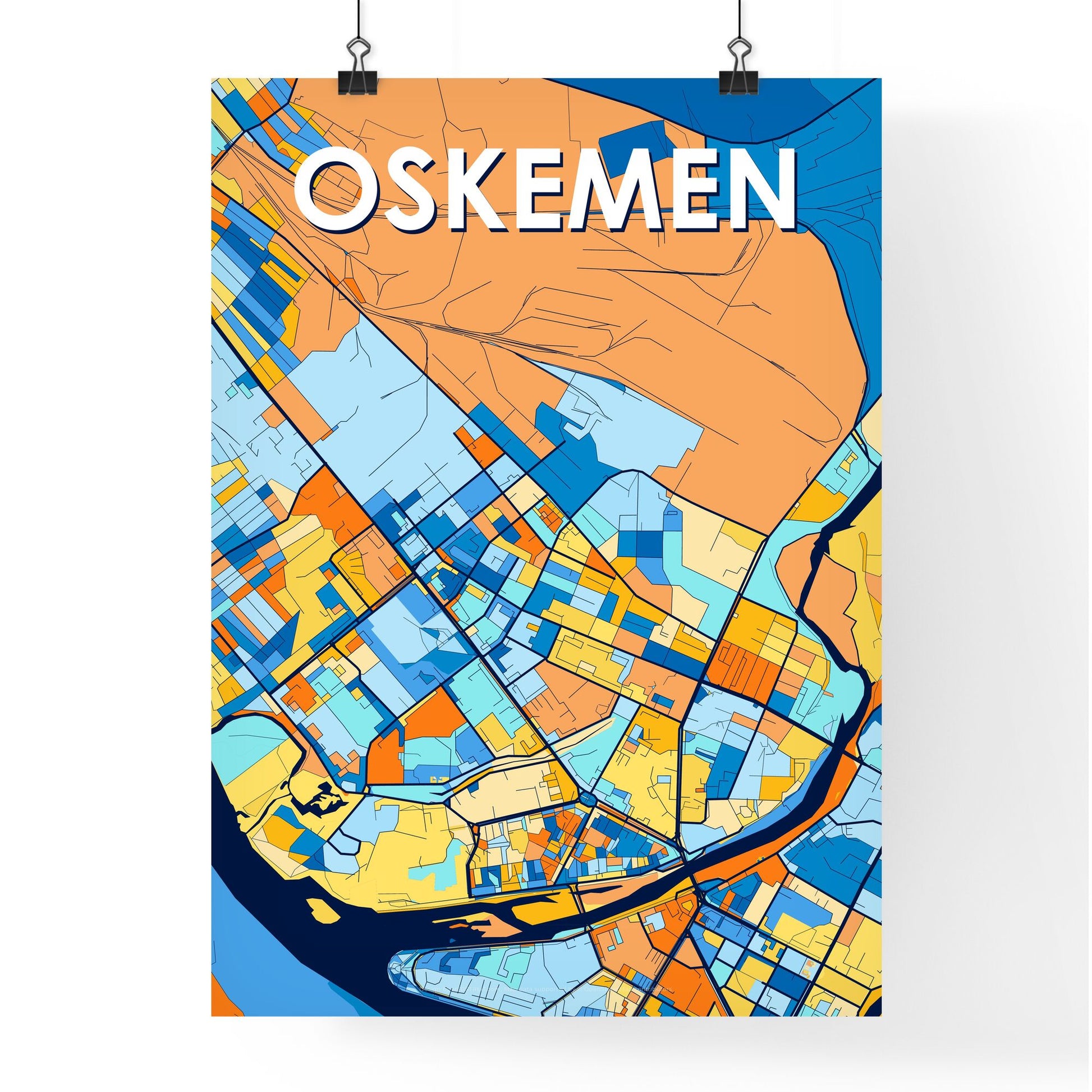 OSKEMEN KAZAKHSTAN Vibrant Colorful Art Map Poster Blue Orange
